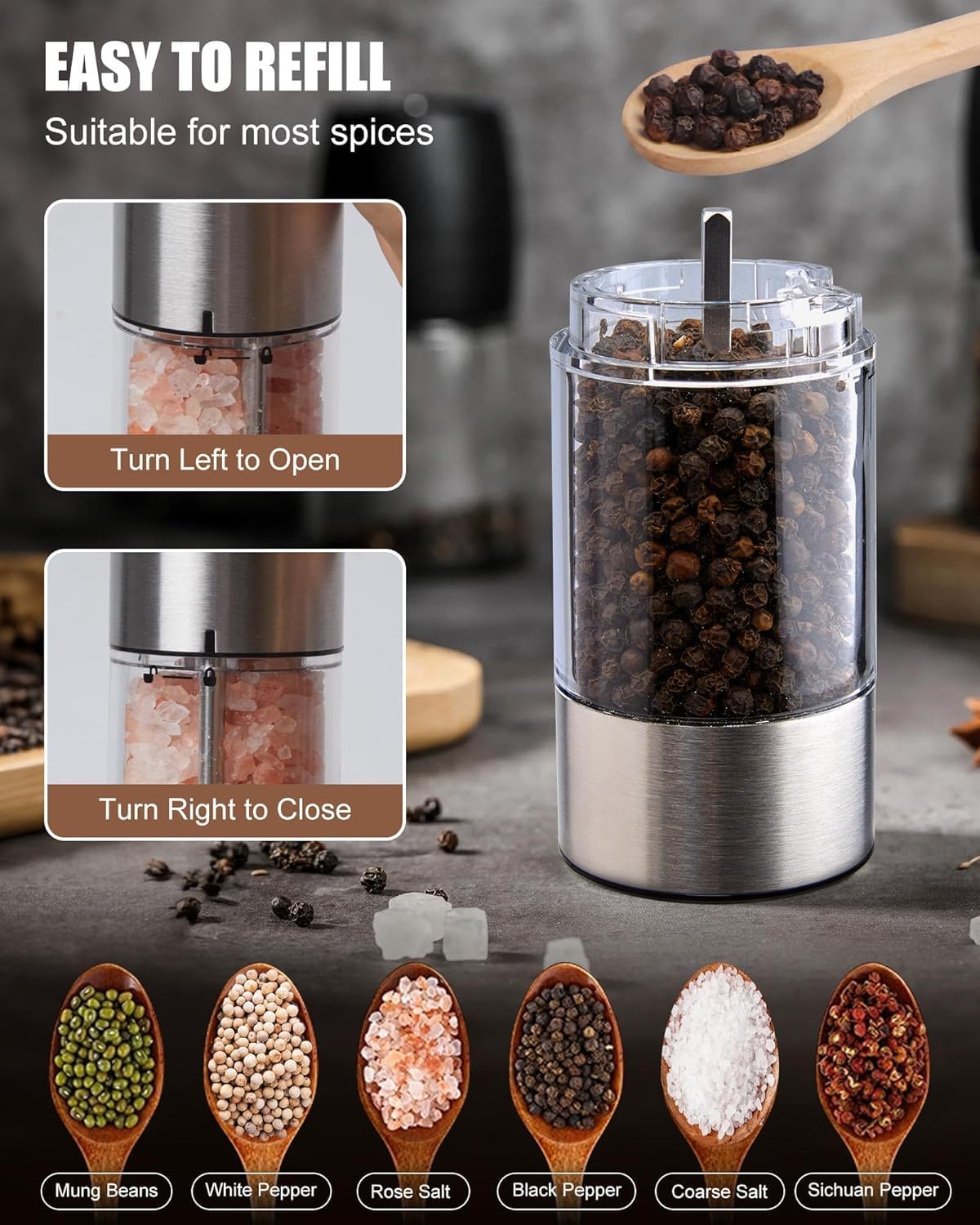 GiveBest Electric Salt and Pepper Grinder Set – Rechargeable Stainless Steel Mills, 100 ml Automatic Shakers Set with 6-Level Adjustable Coarseness and Light, Upgraded Larger Capacity