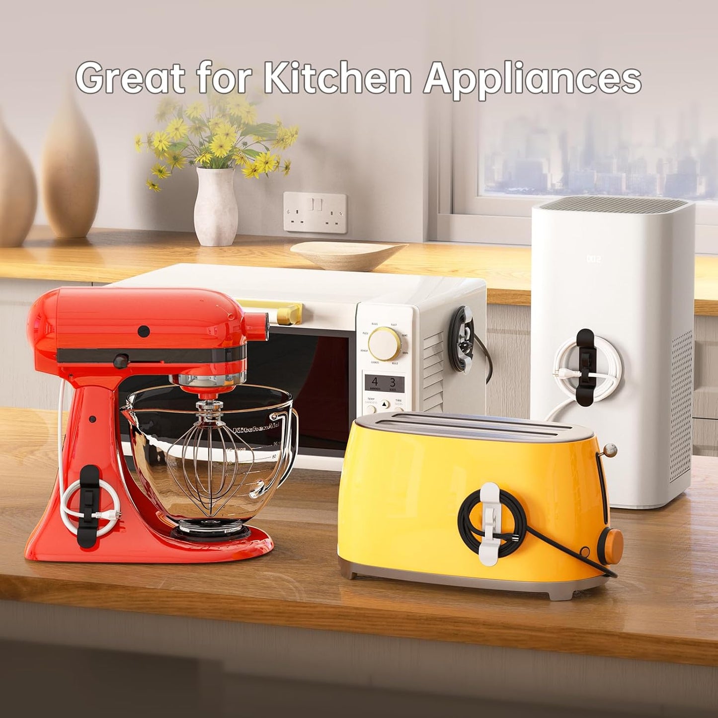 12PCS Cord Organizer for Appliances, Upgraded Kitchen Appliance Cord Wrap, Cord Holder Stick on Pressure Cooker, Coffee Maker, Air Fryer and Blender(6 Black + 6 White)