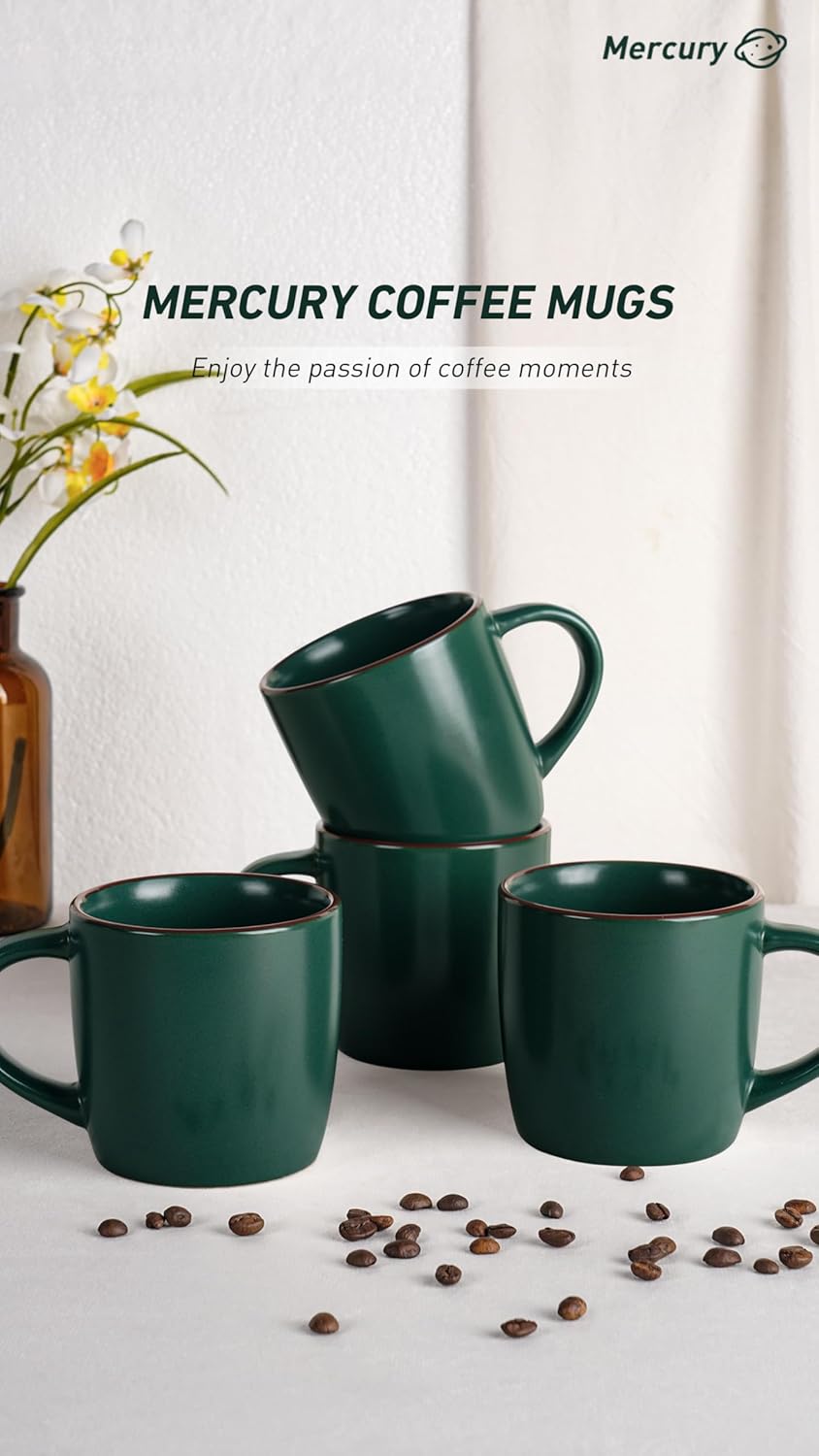 famiware Mercury Coffee Mugs 13 oz, Coffee Mugs Set of 4 with Handle, Cups for Latte, Hot Tea, Cappuccino, Mocha, Cocoa, Dark Green