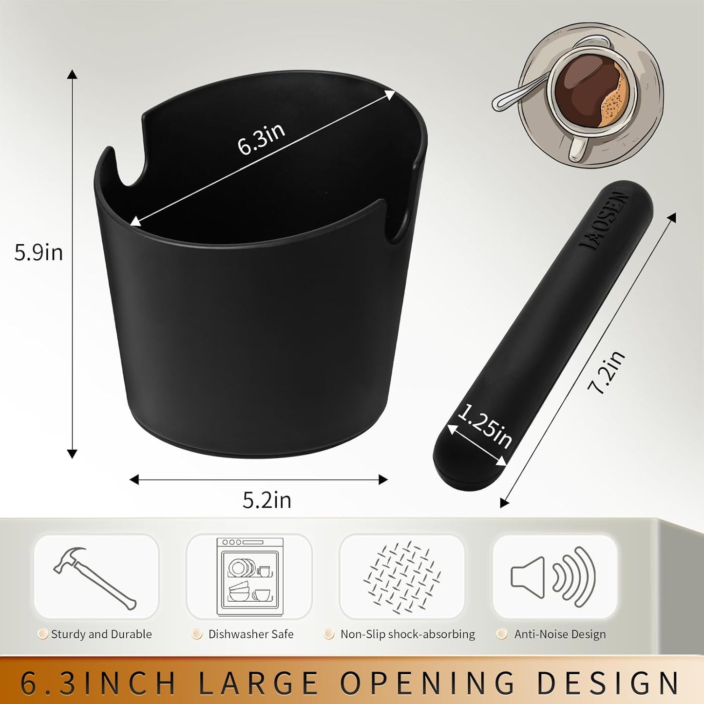 6.3Inch Knock Box Large Espresso Knock Box Shock-Absorbent Knock Box Espresso with Removable Knock Bar and Non-Slip Base Espresso Machine Accessories for Home/Office