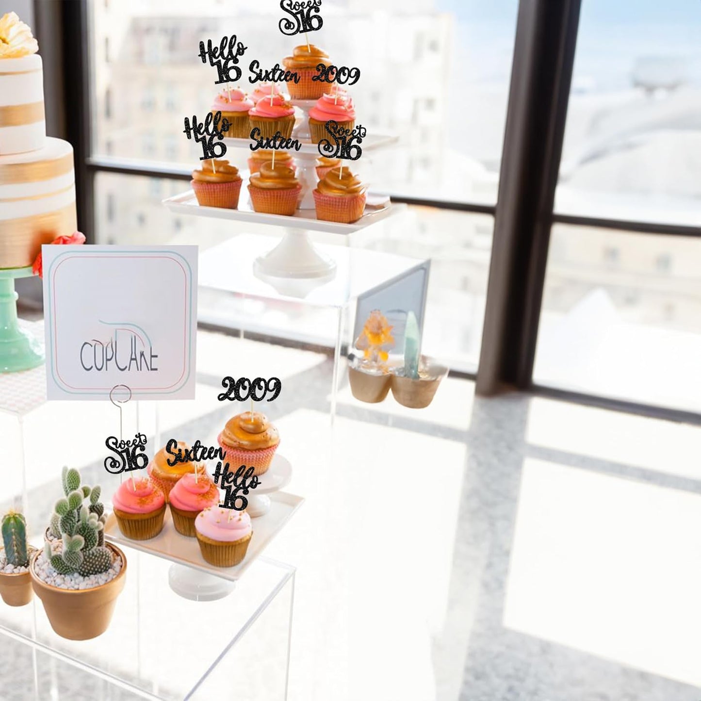 Gyufise 24Pcs Happy 16th Birthday Cupcake Toppers Glitter Hello 16 Sweet 16 Cupcake Picks 2009 Sixteen Old Birthday Cake Decorations for 16th Birthday Anniversary Party Supplies Black