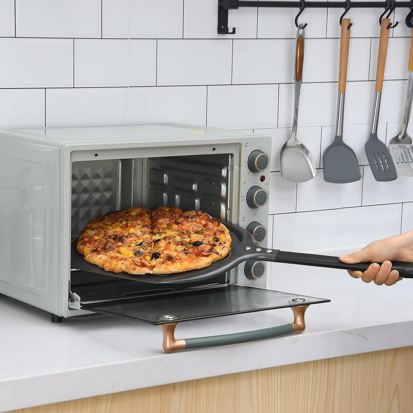 Perforated Pizza Peel, 12 x 14 Inch Rectangular Pizza Turning Peel, Professional Anodized Aluminum Turning Pizza Spatula, 26 inch overall