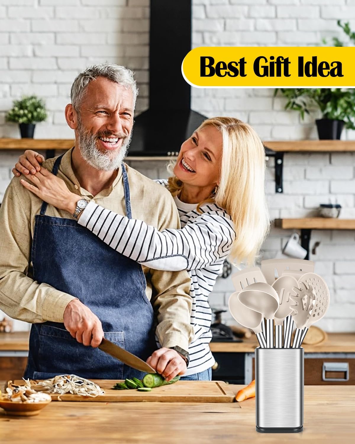 Silicone Cooking Utensil Set, 8Pcs Non-stick Cookwares with Stainless Steel Handle, BPA Free Heat Resistant Kitchen Tools with Spatulas, Turners, Spoons, Skimmer and Pasta Fork (KHAKI)