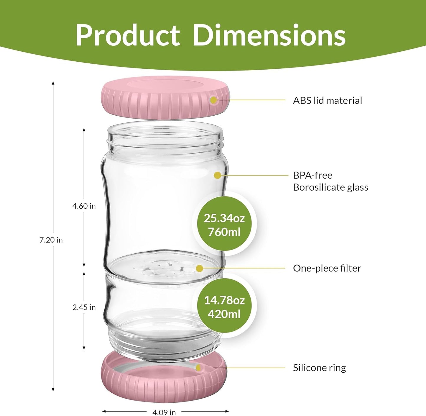40oz Glass Pickle Jar with Strainer Flip - Pickle Storage Container with Airtight Lid, BPA-Free, Dishwasher Safe, Fermentation Hourglass Jar for Kimchi, Olives, Jalapeno, Gherkins (Pink)