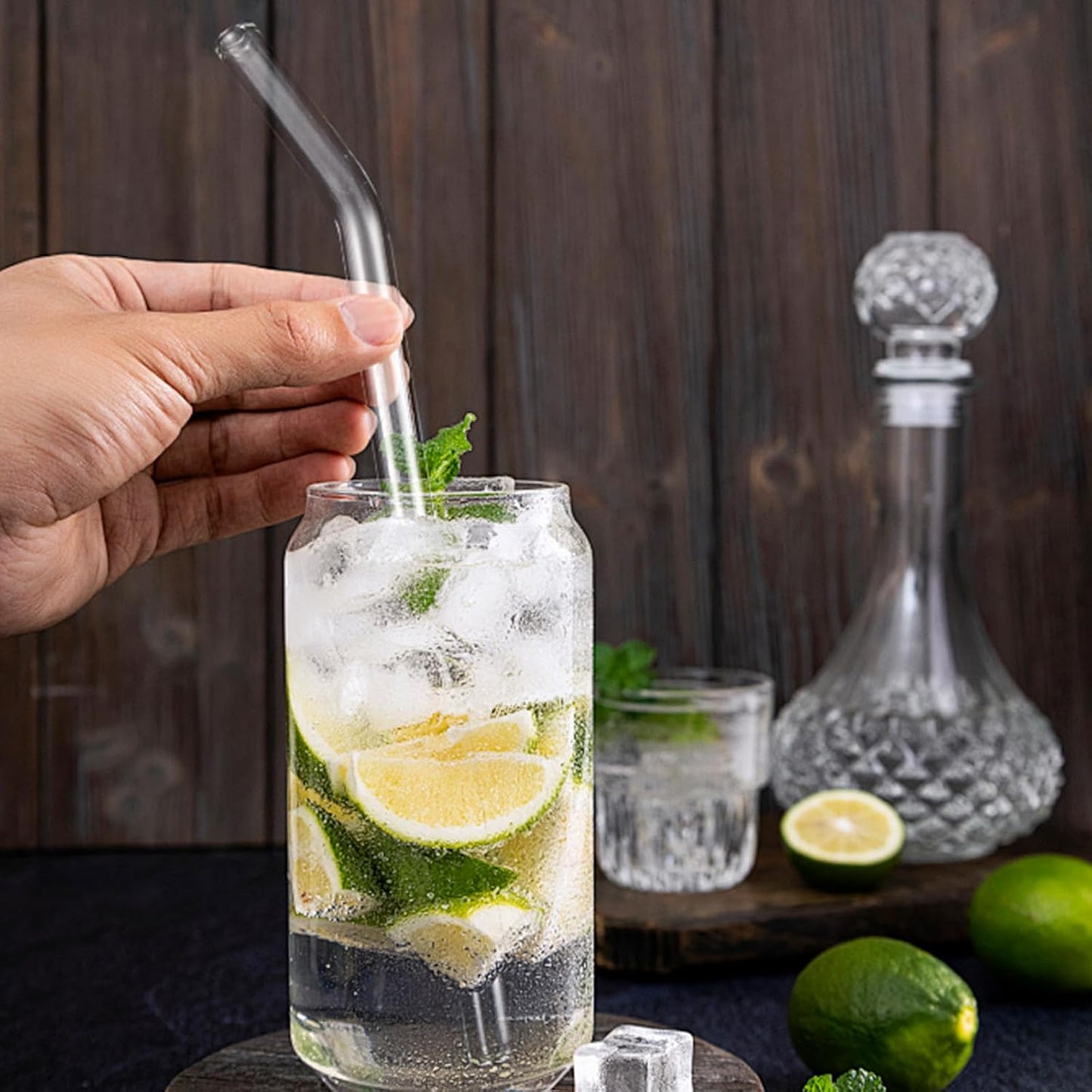 Lazycorner Reusable Glass Straws Set 16 Pcs 8.5''x 10MM Bent Straight Clear Glass Drinking Straws Set of 8 Straight and 8 Bent with 4 Cleaning Brushes Perfect For Smoothies, Tea, Juice-Clear Cocktail.