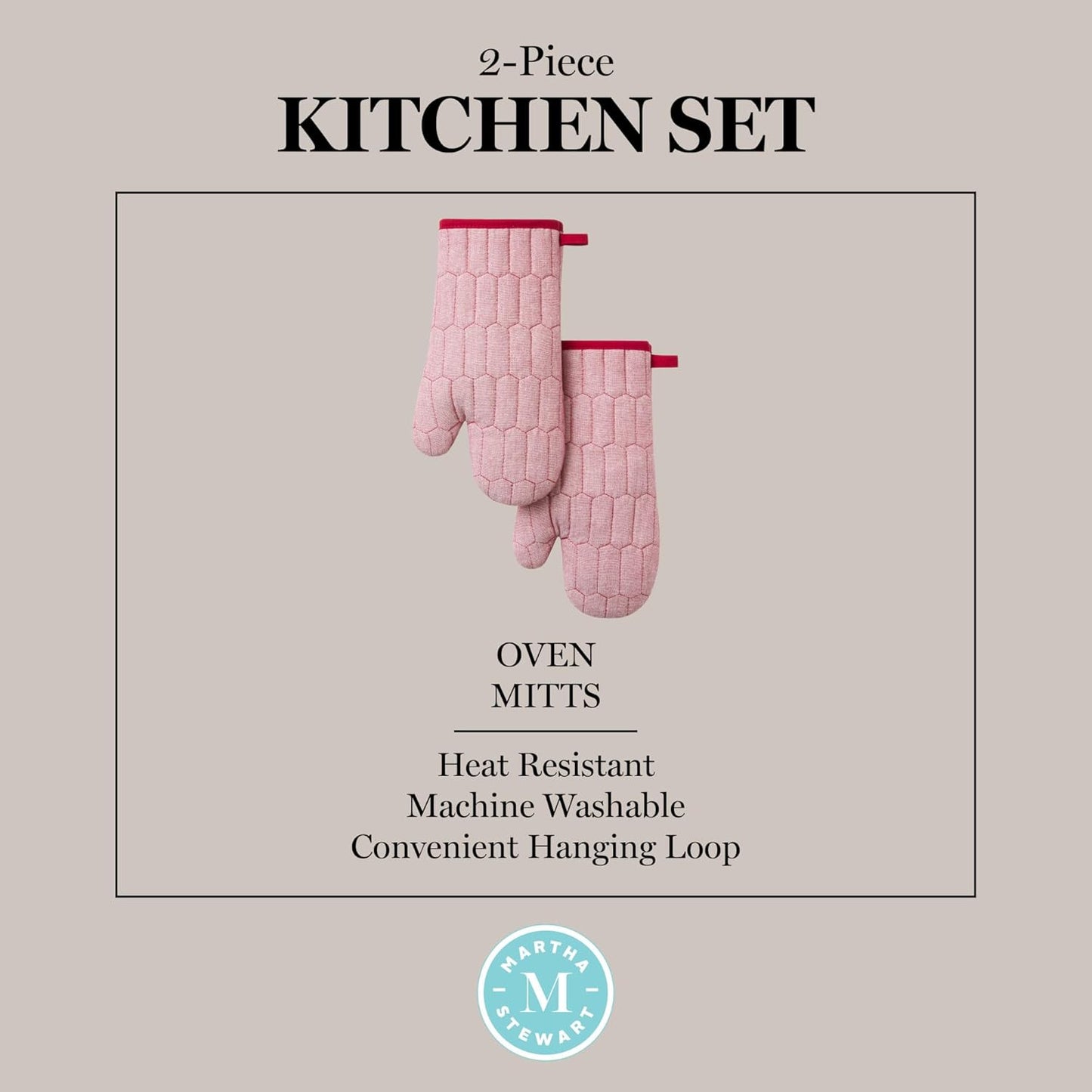 MARTHA STEWART Honeycomb Quilted Chambray Oven Mitt 2-Pack Set, 100% Cotton, Heat Resistant, Flexible Grip, Red, 7"x13"