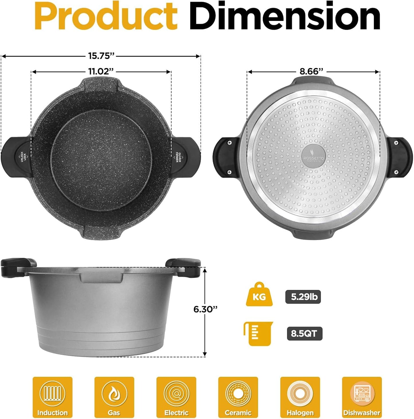 8.5QT Pasta Pot with Strainer Lid, 11'' Cast Aluminum Nonstick Multipurpose Stock Pot Spaghetti, Self-Draining Cooking Pot with Insulated Handles for Soup, and Boiling