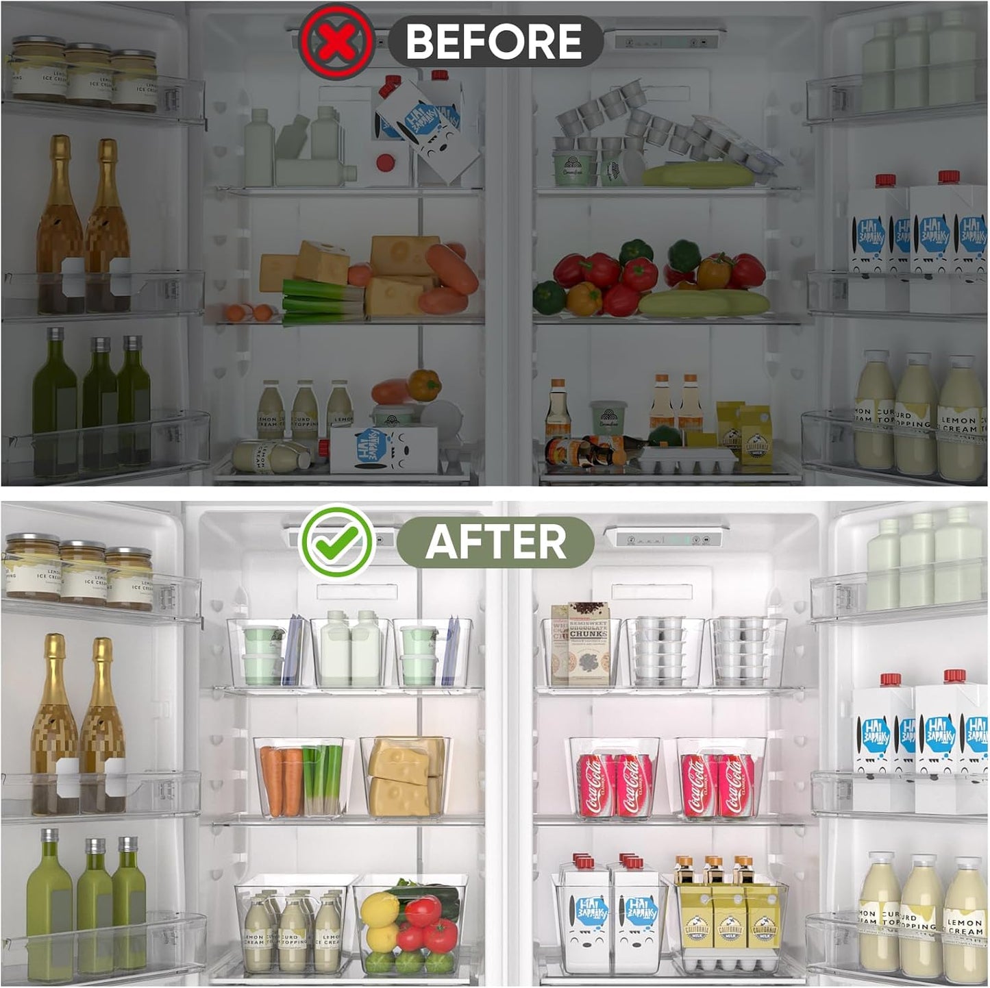 BALEINE Clear Plastic Storage Bins, Pantry Organization, BPA Free Stackable Refrigerator Organizers and Storage with Handles for Kitchen Fridge Cabinet Bathroom (6PK, 13x7.4x6.2)