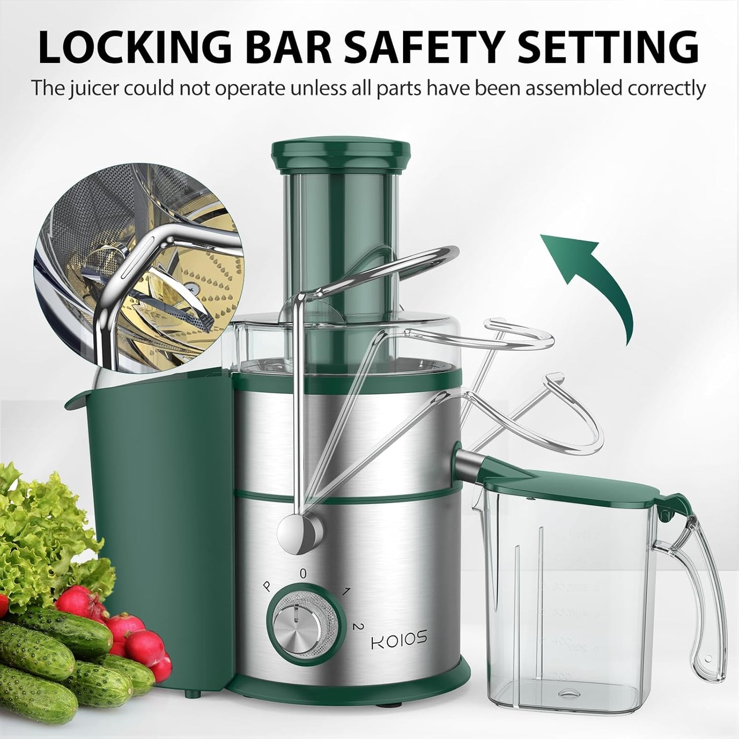 1300W KOIOS Centrifugal Juicer Machines, Juice Extractor with Extra Large 3inch Feed Chute, Full Copper Motor, Titanium-Plated Filter, High Juice Yield, 3 Speeds Mode, Brush included, Non-BPA, Green