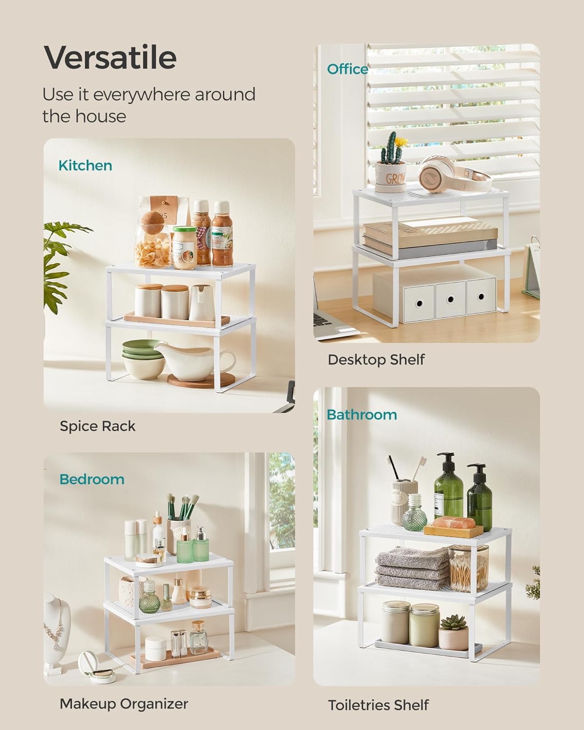 SONGMICS Spice Racks, Set of 2 Metal Cabinet Shelf Organizers, Countertop Organizers, Shelf Risers, Stackable, Expandable, White UKCS01WT