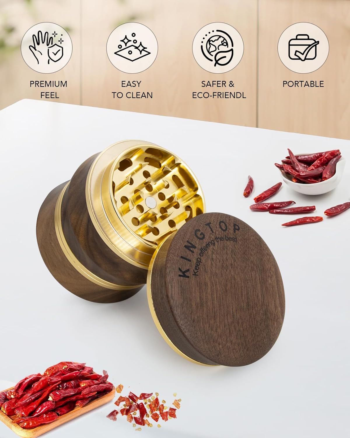 KINGTOP Grinder, Large 2.6" Walnut Wood & Aluminum Manual Grinder