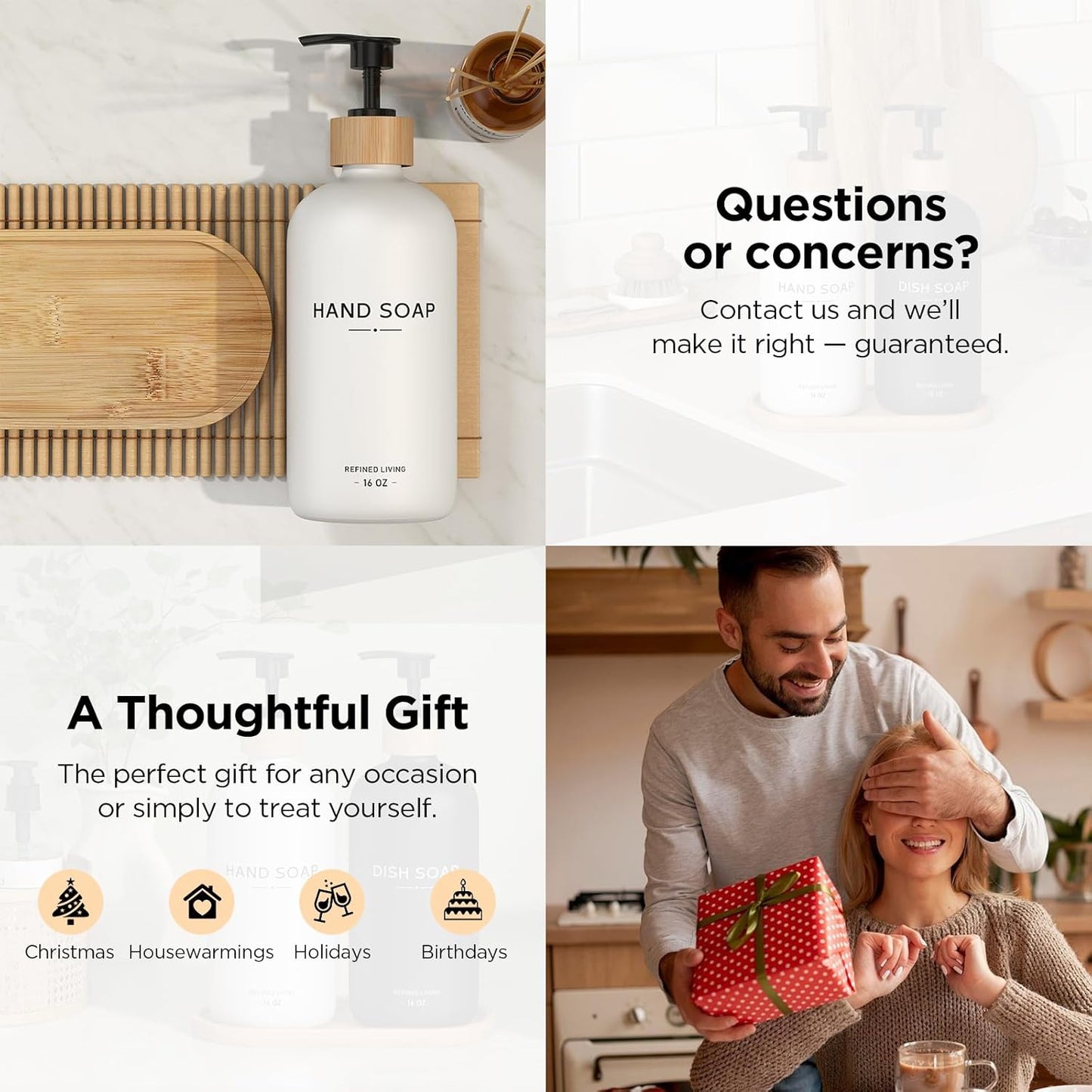 Hand and Dish Soap Dispenser Set,16oz Glass Bottles with Printed Labels, Bamboo Tray & Pump,Countertop Soap Dispensers for Kitchen,Luxury, Minimalist & Farmhouse Decor (Hand Dish (Black/White))