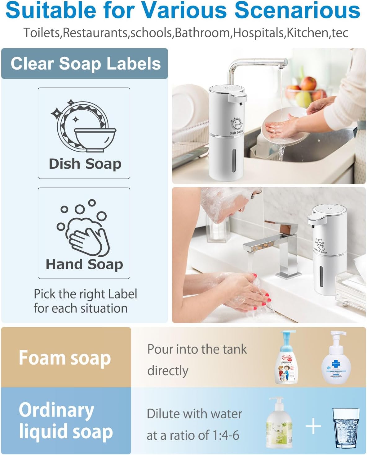 Automatic Foaming Soap Dispenser, 4-Level Adjustable Foam, Wall Mount, USB Rechargeable, 12.8oz/380ml, Touchless Hand & Dish Soap Dispenser for Bathroom, Kitchen, Hotel, Restaurant