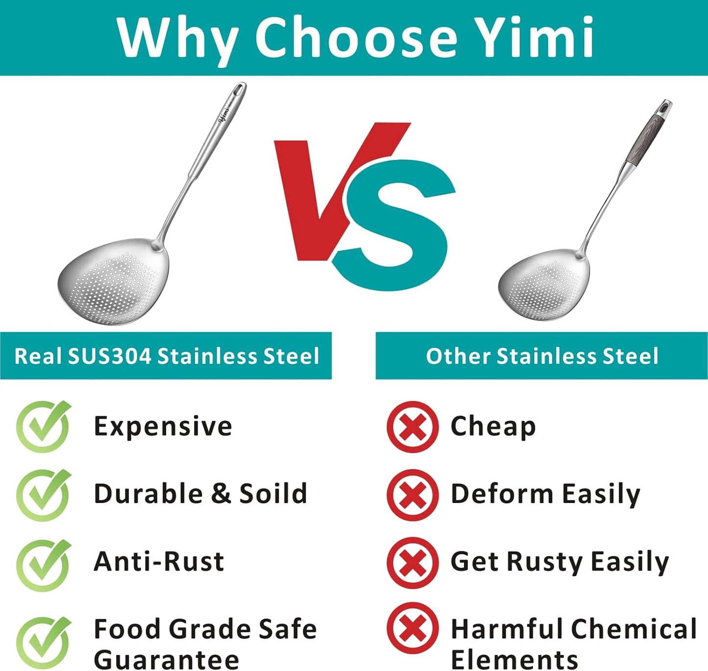 Large Deep Skimmer Slotted Spoon, Real SUS304 Stainless Steel Pasta Strainer, Colander Spoon with Big Draining Holes, Deep Fryer Scoop for Frying, Cooking, Draining, Ideal for Gift, 15''