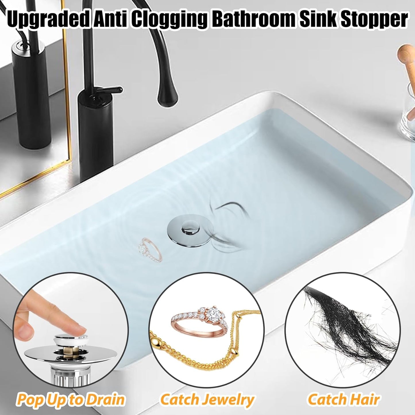 Bathroom Sink Drain Strainer, 3 in 1 Pop Up Bathroom Sink Stopper with Removable Brass Basket Hair Catcher, Universal Sink Plug for 1.06 to 1.6in Drain Hole, Chrome Silver