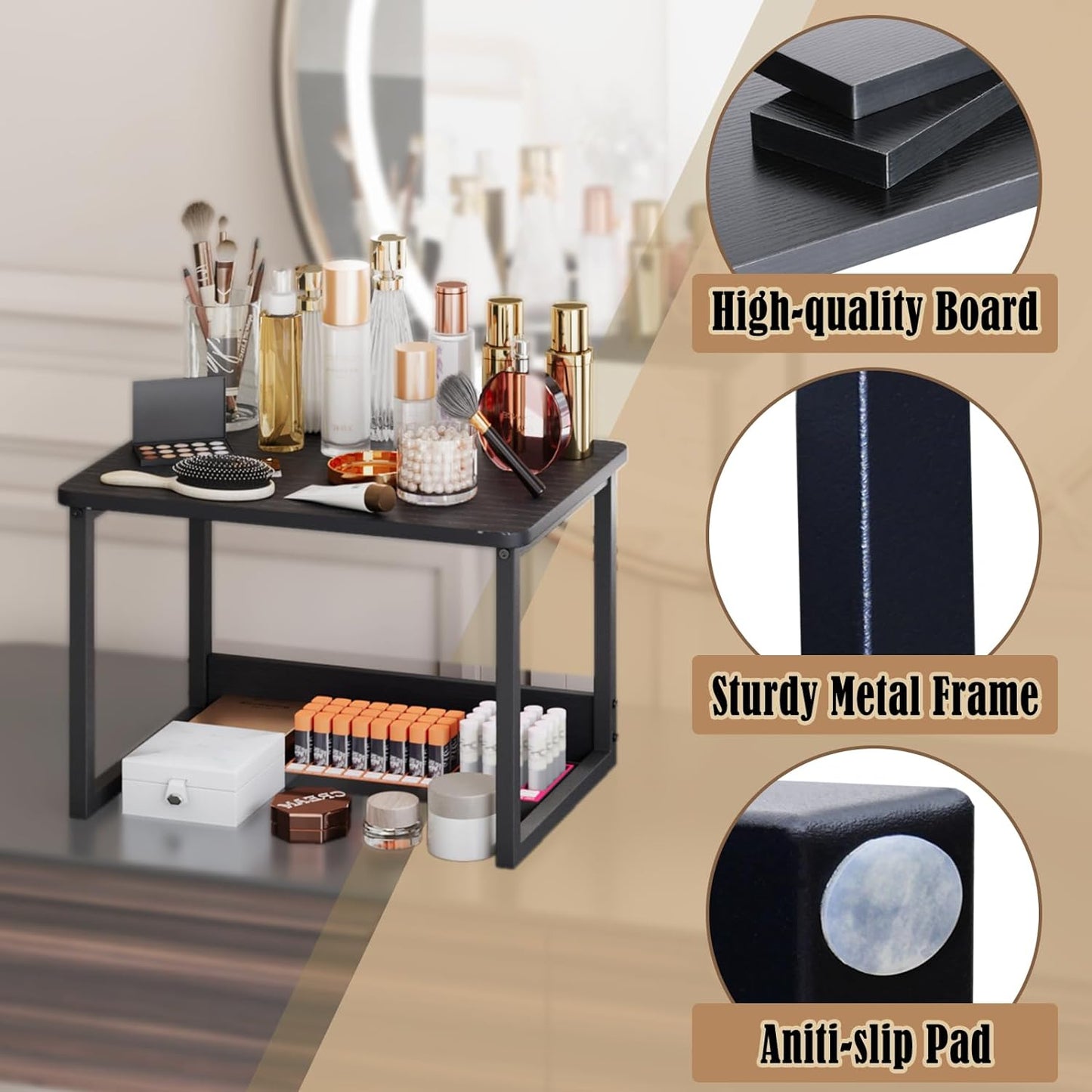 MARTY Kitchen Countertop Organizer Cabinet Shelf, 17x12.4 Large Spice Racks Counter Shelf Microwave Oven Rack Desktop Storage Organization for Kitchen, Office, Metal & Wood, Black