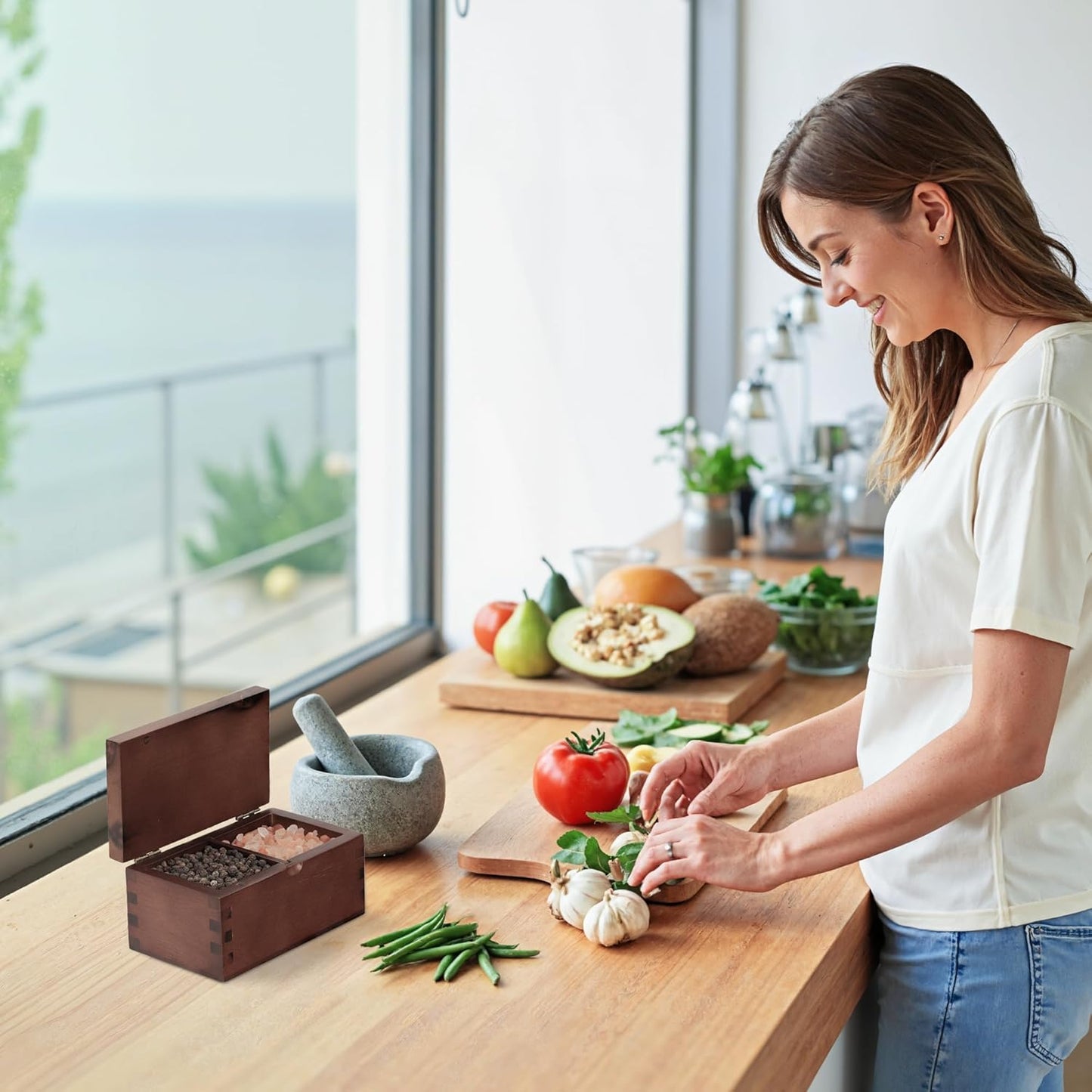 Demigo Salt Cellar Acacia Wood Salt Box with Flip Lid, 5.6x3.6x3 Inches 20 oz Large Storage Space, Perfect Container for Keeping Salt, Spice, Herbs or Favorite Seasonings (Dark Brown)