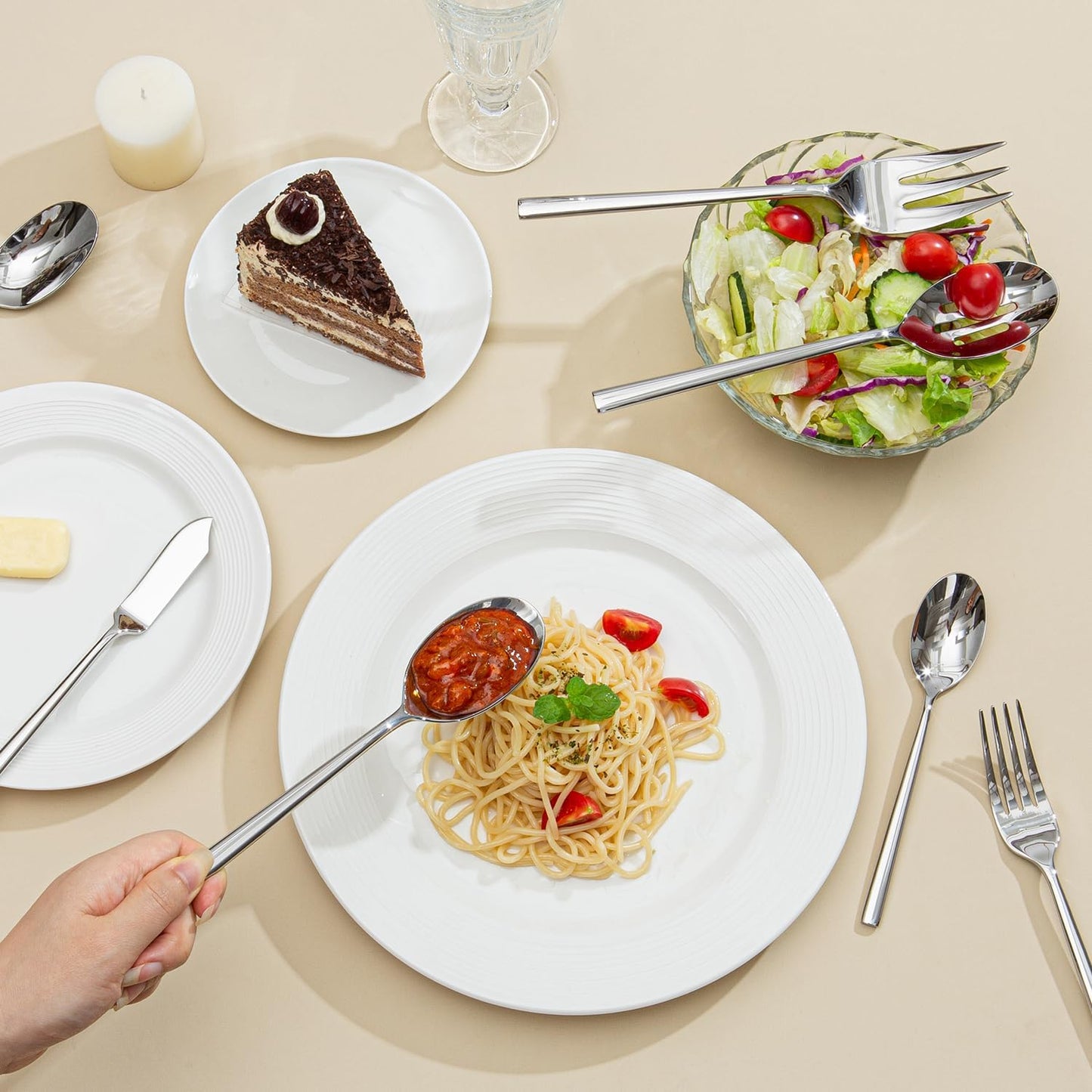 KINGSTONE Silverware Set with Serving Utensils, 45-Piece Forged Flatware Set Cutlery Set Premium Stainless Steel, Service for 8, for Kitchen, Home, Wedding, Party, Mirror Polished and Dishwasher Safe