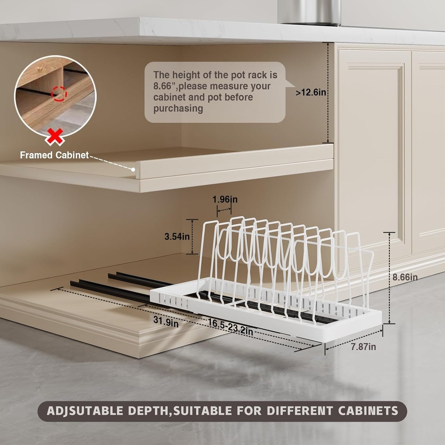 2 Pack Pots and Pans Organizer Under Cabinet, 22" Deep Expandable Pull Out Pot Lid Organizer and Storage with 10 Adjustable Dividers No Drill Pot and Pan Holder Rack with Handle Bracket(White)