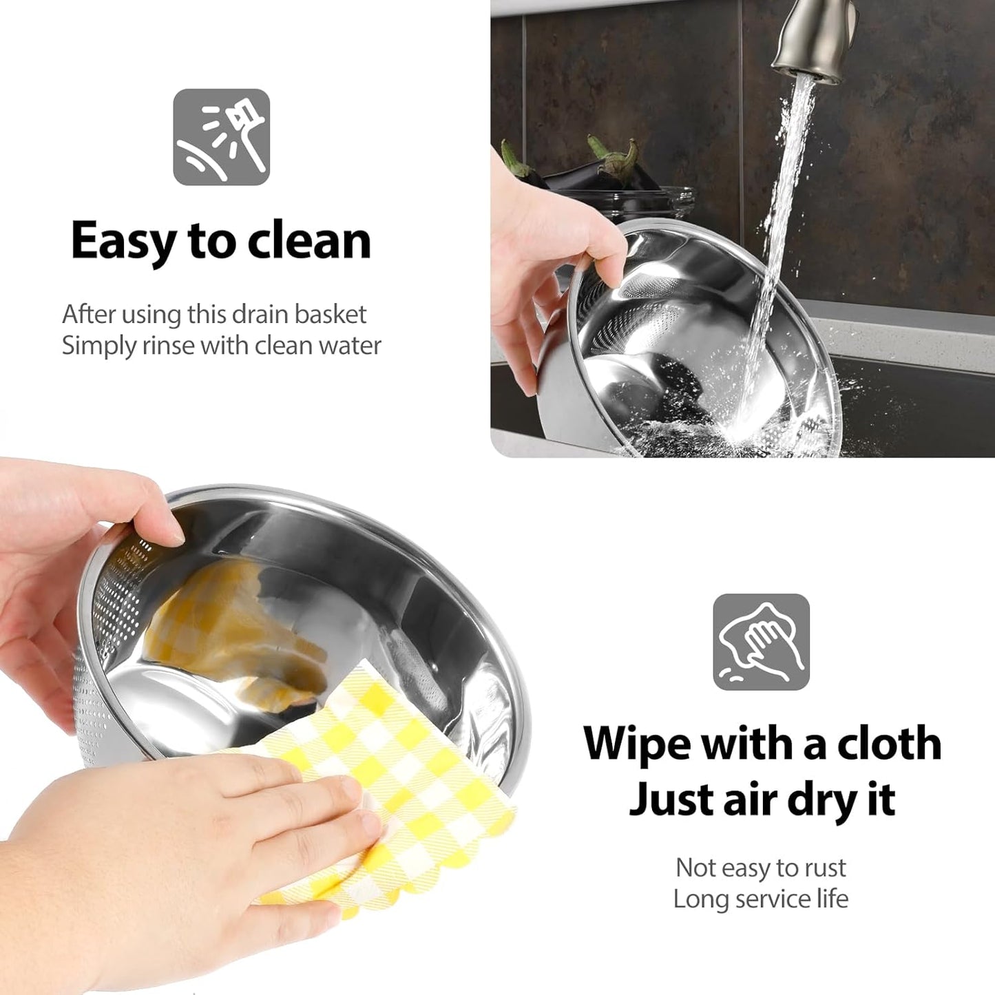 2PCS Rice Washer Strainer Bowl with Side Drainers Stainless Steel Rice Washing Bowl Multifunctional Colander for Cleaning Rinsing Fruits Vegetables Beans Silver