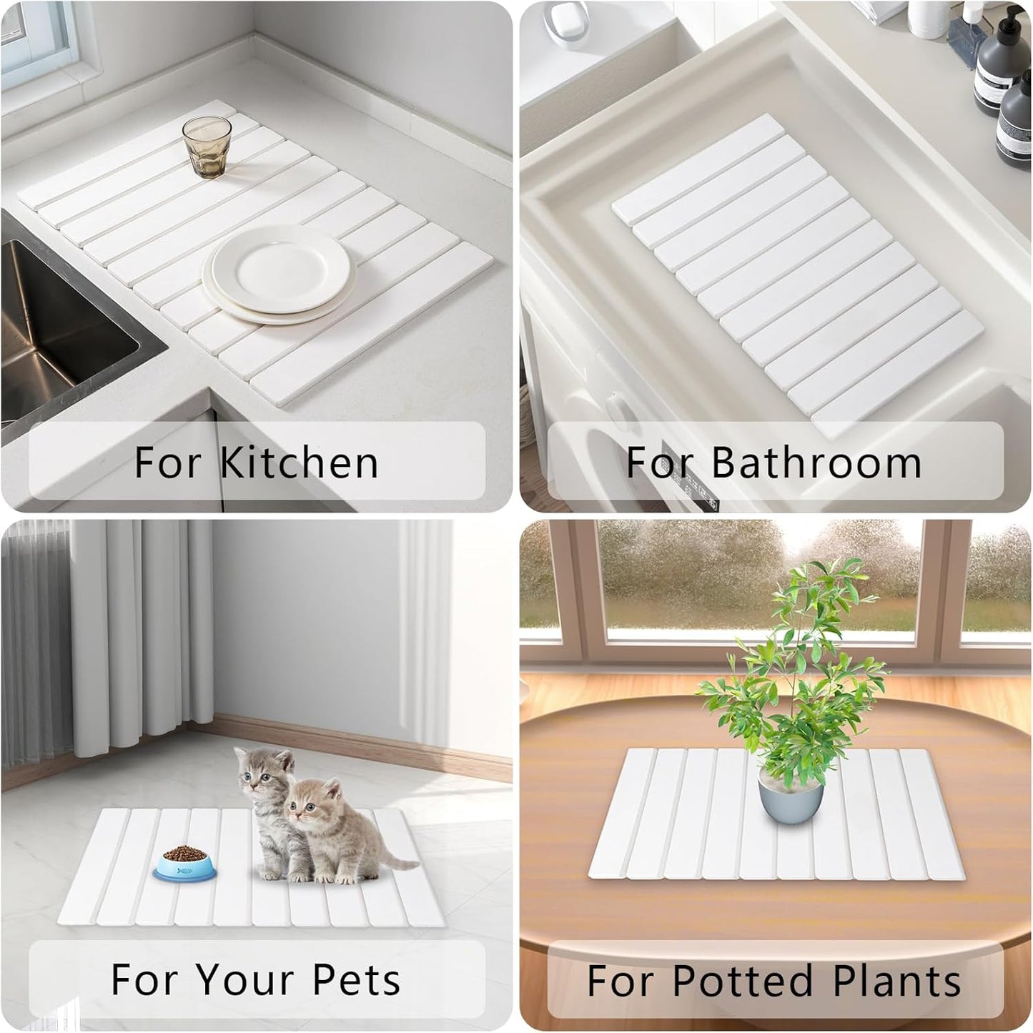 Large Stone Drying Mat for Kitchen Counter, 24''L x 16''W Diatomaceous Earth Collapsible Dish Drying Mat, Quick Drying Mat for Dishes, Bottles and Cups, Matches Any Countertop (White)