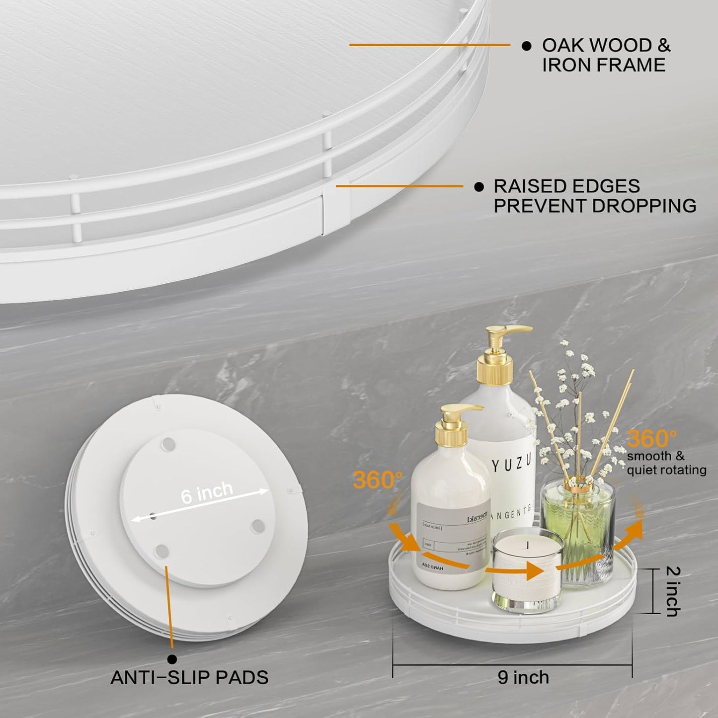 9" Oak Wood Bathroom Tray for Counter, Vanity Tray for Perfume Lotion Candle Makeup Jewelry Sink Soap Holder Turntable Dresser Organizer Countertop Coffee Table Decor Organization and Storage White