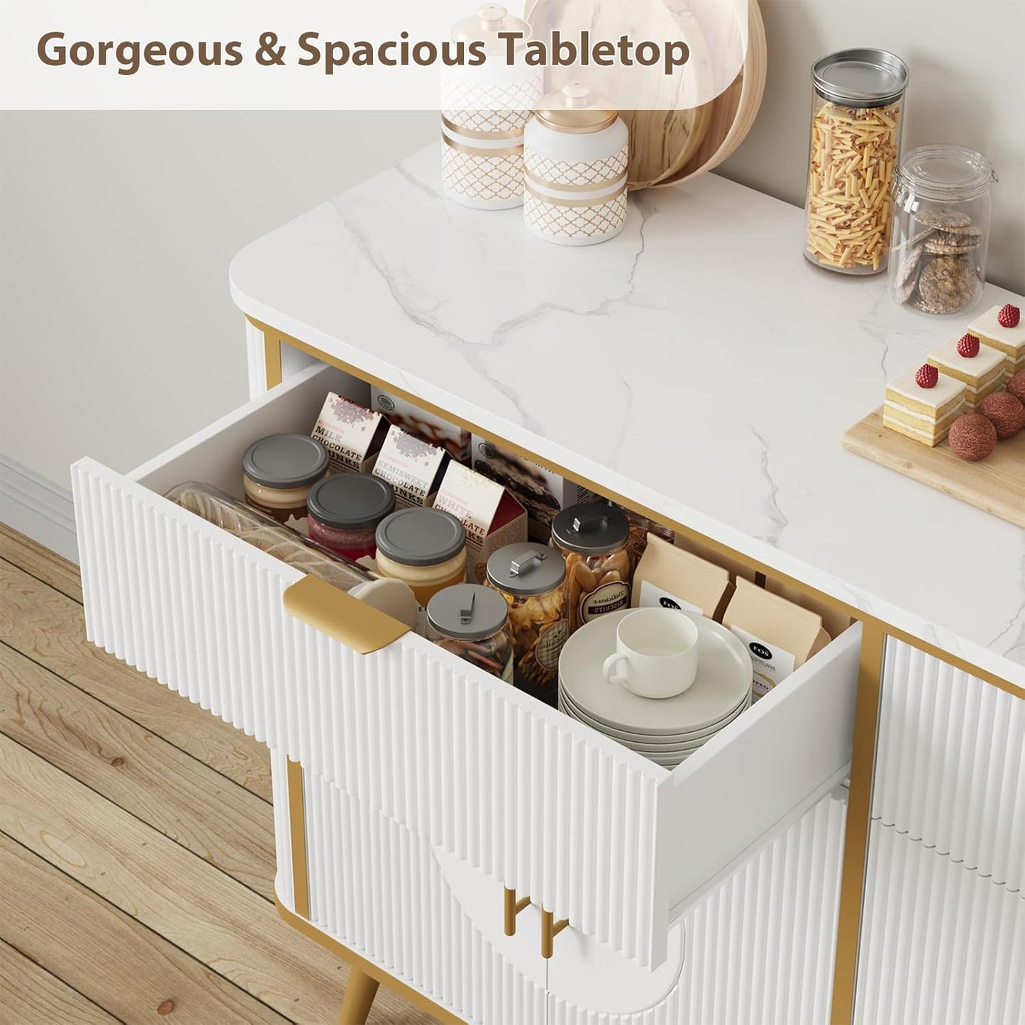 47.2" Buffet Storage Cabinet, Modern Fluted Coffee Bar Station with 2 Drawers & Adjustable Shelves, Kitchen Sideboard Buffet for Dining Room, Living Room, Hallway, White