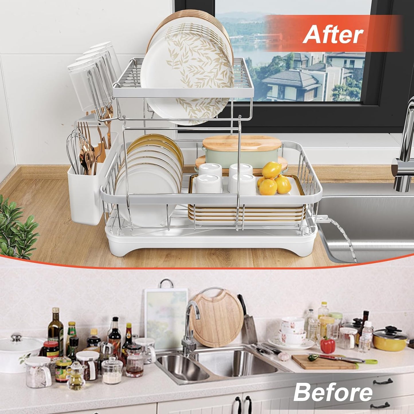 Dish Drying Rack for Kitchen Counter, 2-Tier 304 Stainless Steel Dish Rack with Adjustable Drainage Board, Removable Cup Holder, Utensil Holder, White