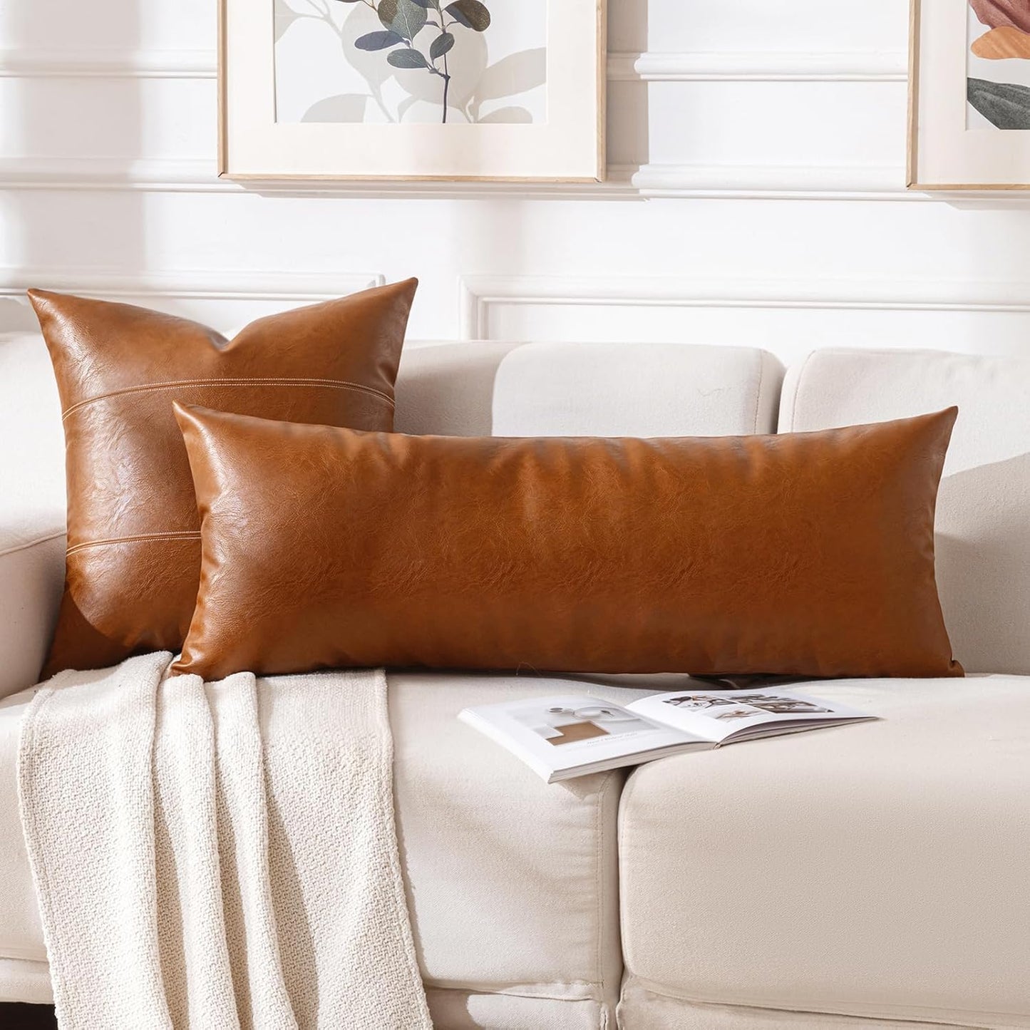 Fancy Homi Brown Boho Long Lumbar Faux Leather Body Decorative Throw Pillow Cover 14x40 Inch for Bedroom Couch Bed Sofa Bench, Thick Stylish Solid Square PillowCase, Rustic Modern Farmhouse Room Decor