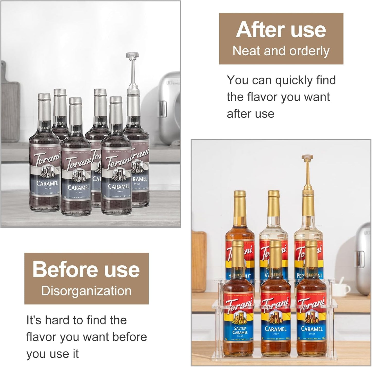 Acrylic Coffee Syrup Organizer, 2 Tier Coffee Syrup Rack (6 Bottle Capacity), Syrup Bottle Holder Stand for Coffee Bar, Kitchen Countertop Syrups, Condiments and Wine (Transparent)