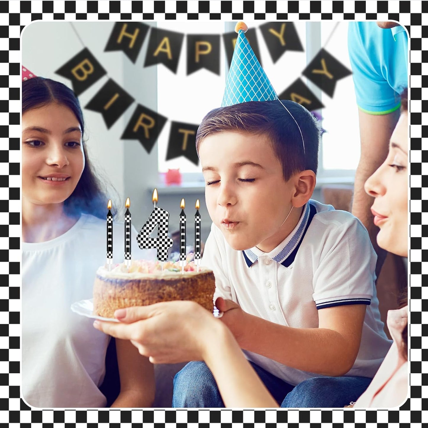 13 Pcs Racing Cars Themed Birthday Candles Black and White Race Number 4 Checkered Candle Cake Topper for Racing Car Party Decoration Supplies (Number 4)