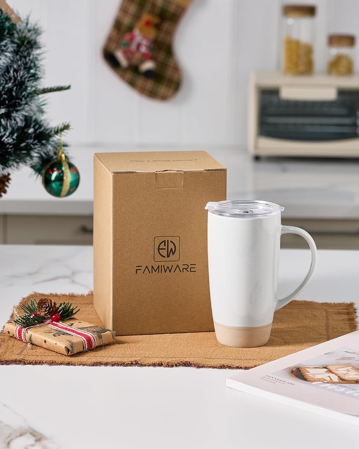 famiware Milkyway Coffee Mugs, 20oz Large Coffee Mug, Ceramic Mug Set of 2 with Lid, Cup Set with Handle for Latte, Tea, Cocoa, Milk, Home & Office, White