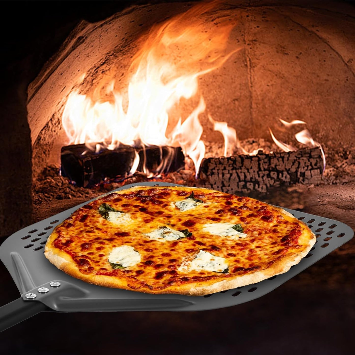 Perforated Pizza Peel, 14 x 16 Inch Rectangular Pizza Turning Peel, Professional Anodized Aluminum Turning Pizza Spatula, 34 inch overall