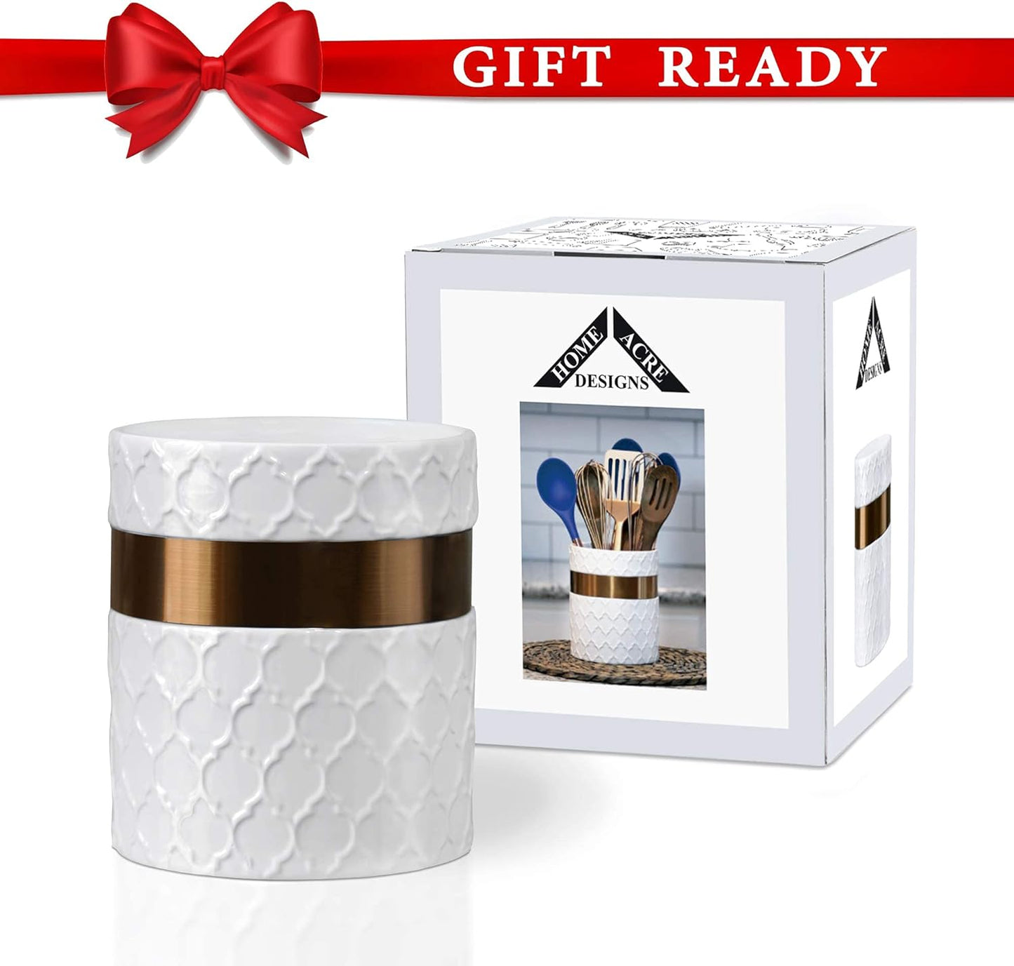 Home Acre Designs Kitchen Utensil Holder - Large Ceramic Farmhouse Countertop Crock, White/Copper