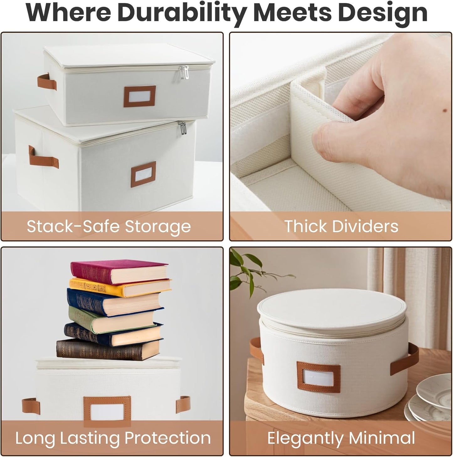 HOMELUX THEORY Hard Shell China Storage Containers, 5pc Ivory Mug & Plate Storage Box, Kitchen Storage Bins With Lids, Heavy Duty Moving Box with Handles for Dishes, Glassware, Stemware, Cup & Mug