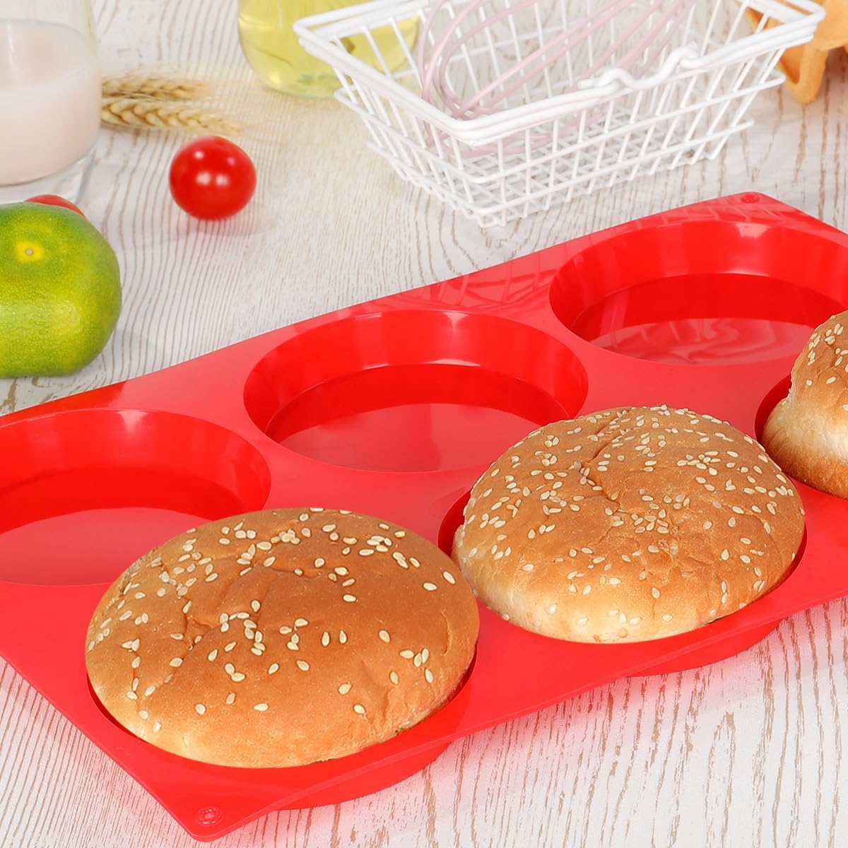 CAKETIME 4 Inch Muffin Top Pan, Silicone Egg Molds for Breakfast Sandwiches Jumbo Round Baking Pan for Oven English muffins, Whoopie Pies, Corn Bread, Egg bites, Tarts 4 Pack Red