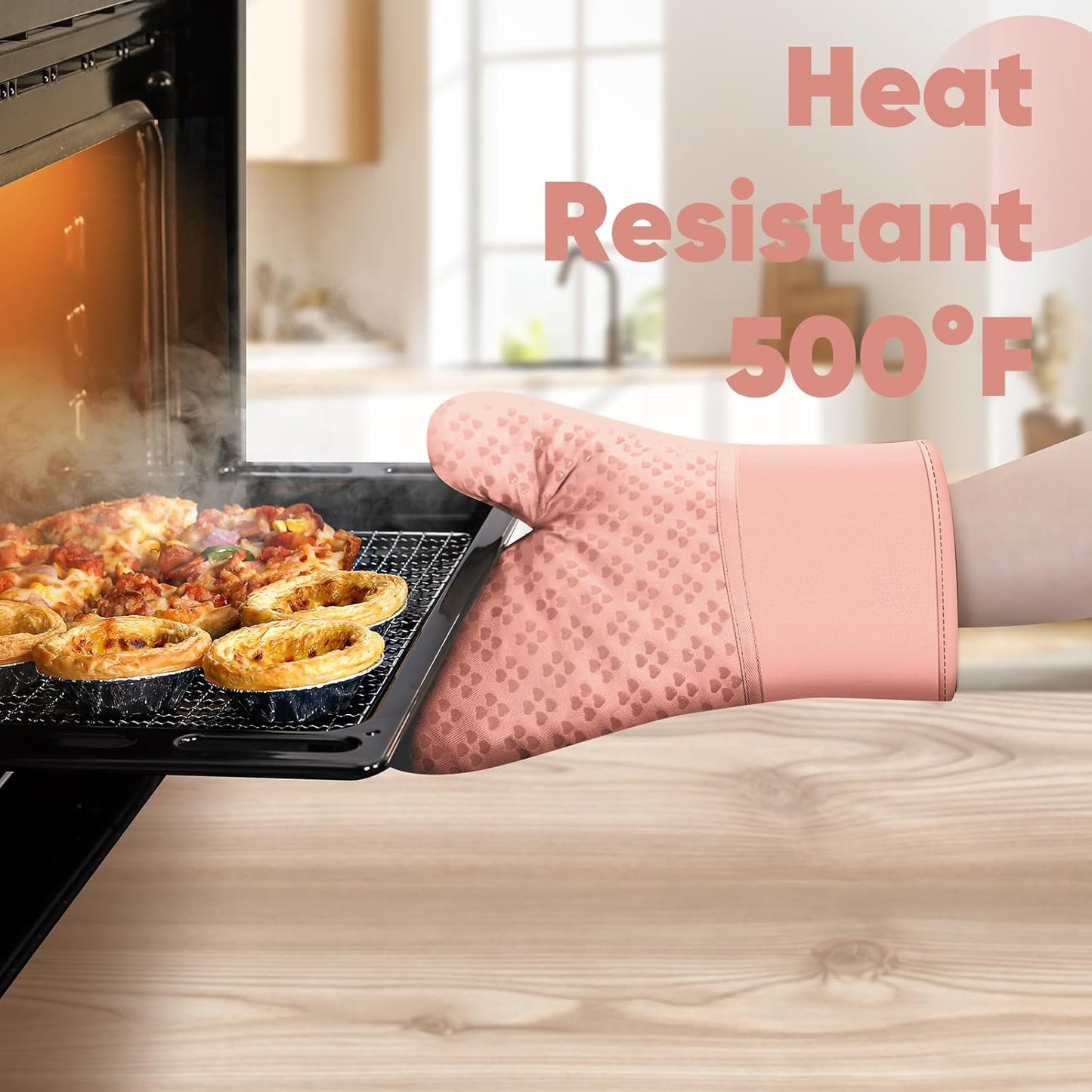 Oven Mitts and Pot Holders 4 Sets, Heat Resistant 500 ℉ Oven Mitt and Pot Holder,Oven Glove&Potholders with Non-Slip Silicone Surface,Kitchen Essentials for Cooking/Baking/BBQ-Pink
