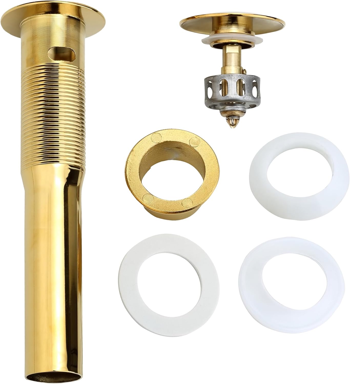 Bathroom Sink Drain, 2 Pack Gold Drain Stopper Bathroom Sink with Overflow, Pop Up Drain Assembly with Detachable Strainer Basket, Built-in Anti-Clogging Strainer,Stainless Steel