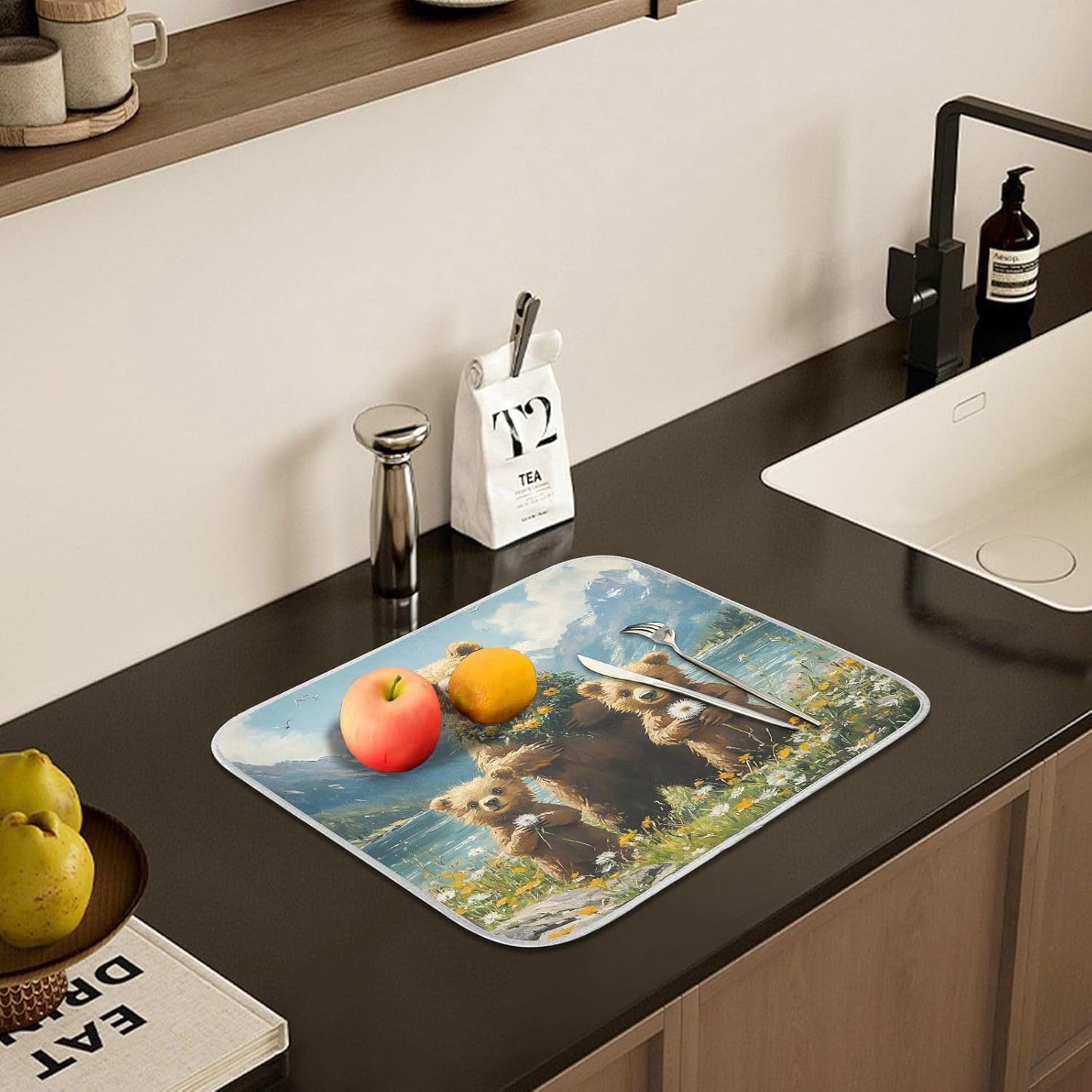 Three Bear Dish Drying Mat for Kitchen Ccounter Absorbent Microfiber Small Drying Pad Dandelion Wildflowers Dish Mats for Kitchen Countertops 16 x 18 Inch