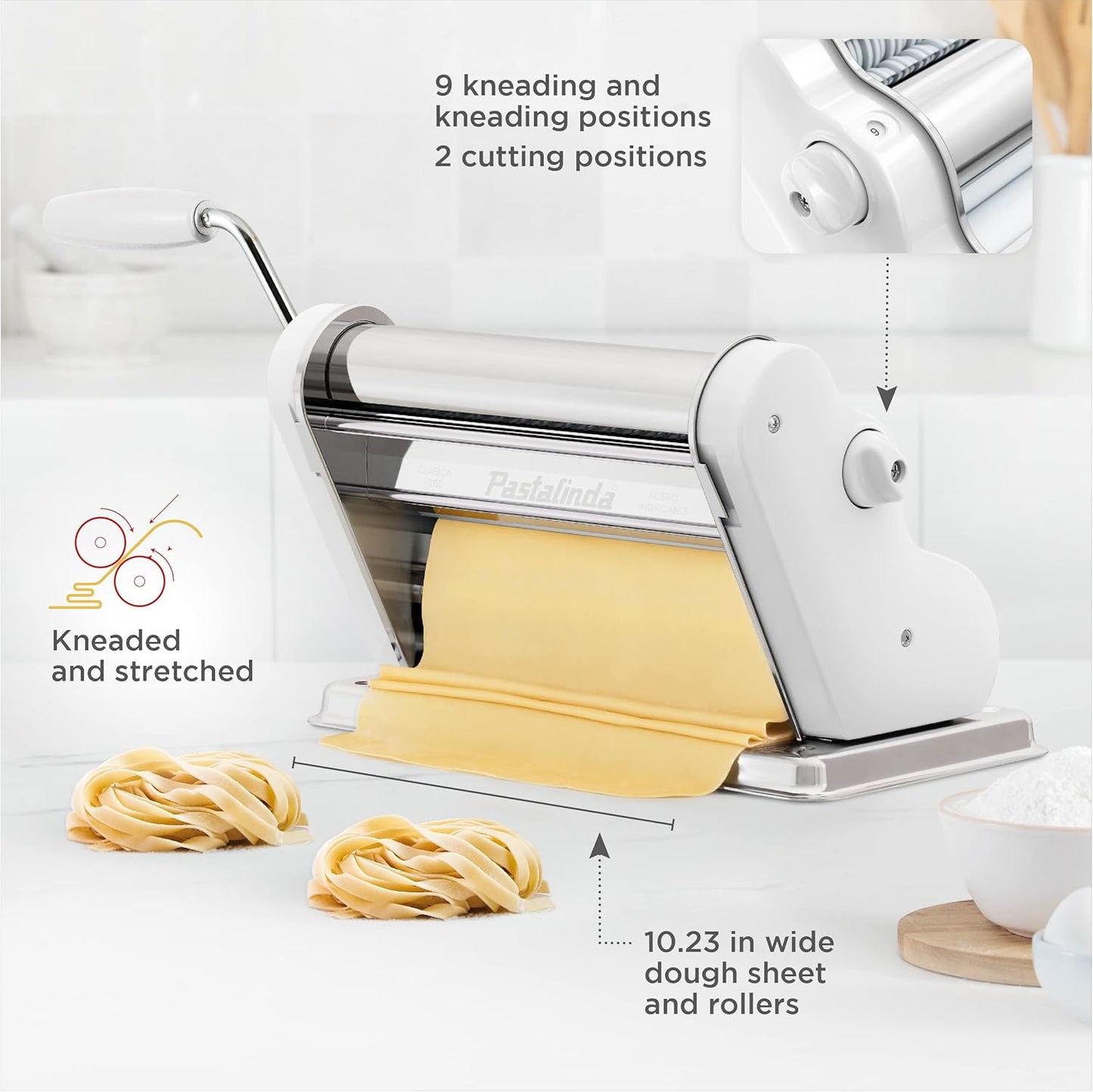 PASTALINDA Classic 260 Pasta Maker Machine, 26 cm Wide Rollers, 9 Thickness Positions, 2 Cutting Positions, Stainless Steel. Includes Reinforced Hand Crank And Two Clamps (White)