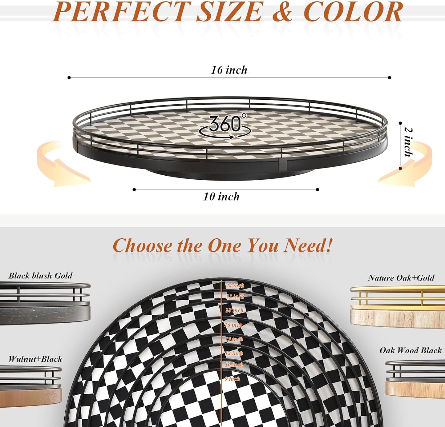 16" Black and White Kitchen Lazy Susan Turntable, Round Checkered Decorative Tray, Large Lazy Susan for Dining Table Centerpiece, Pantry, Kitchen, Bathroom, Countertop, Cupboard, Home Decor