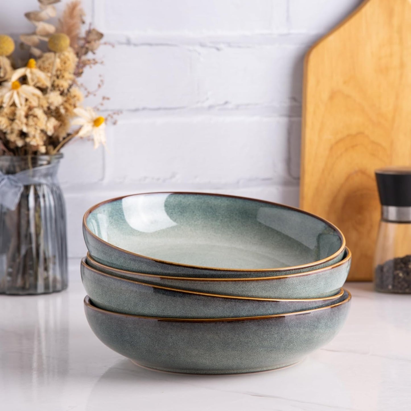 AmorArc 8.5'' Large Ceramic Pasta Bowls, 36oz Stoneware Pasta Serving Bowls Set of 4 for Kitchen, Wide Bowls for Pasta,Salad,Oatmeal, Microwave Safe, Reactive Glaze-Ocean