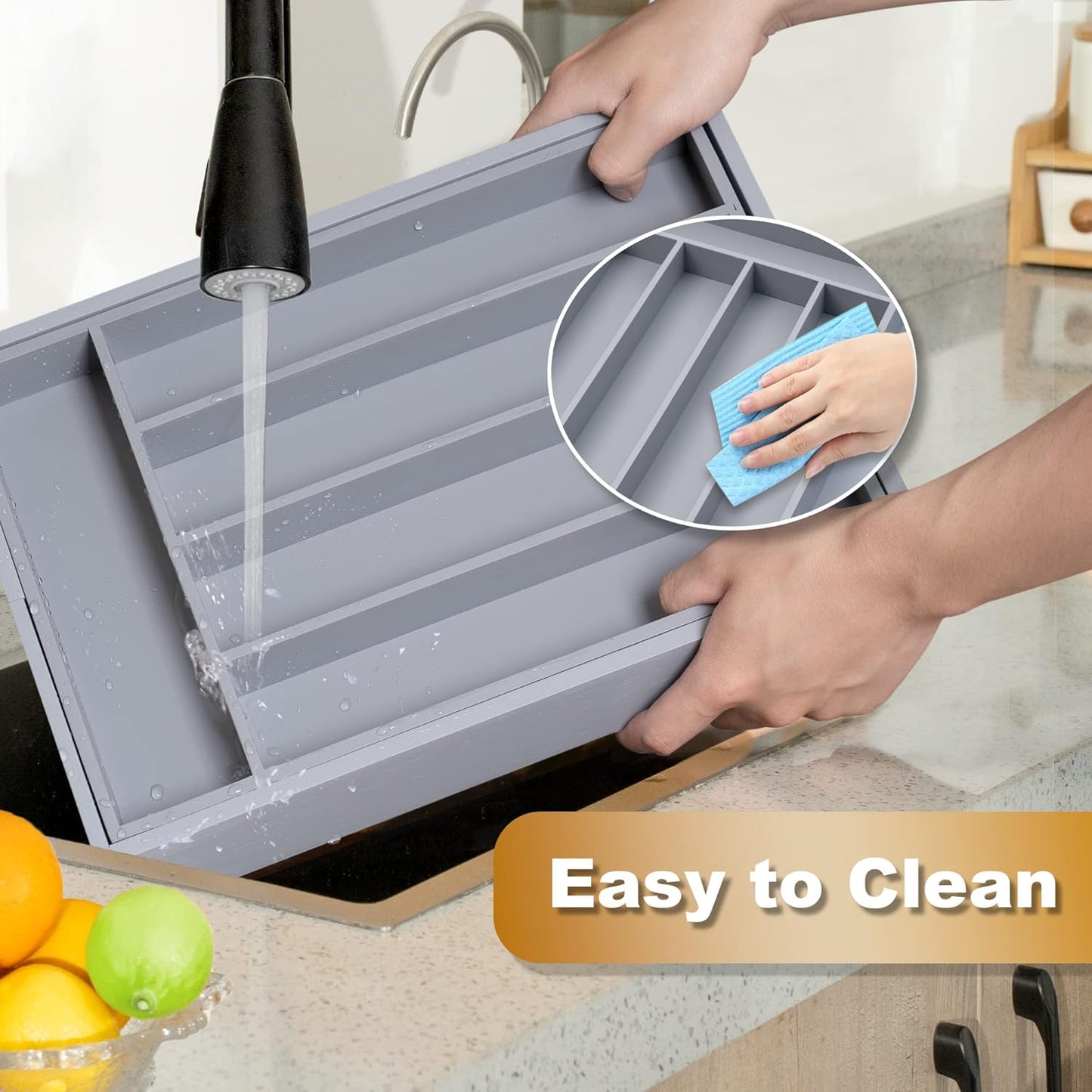 Bamboo Silverware Holder - Drawer Organizer with 5 Slots (Gray)