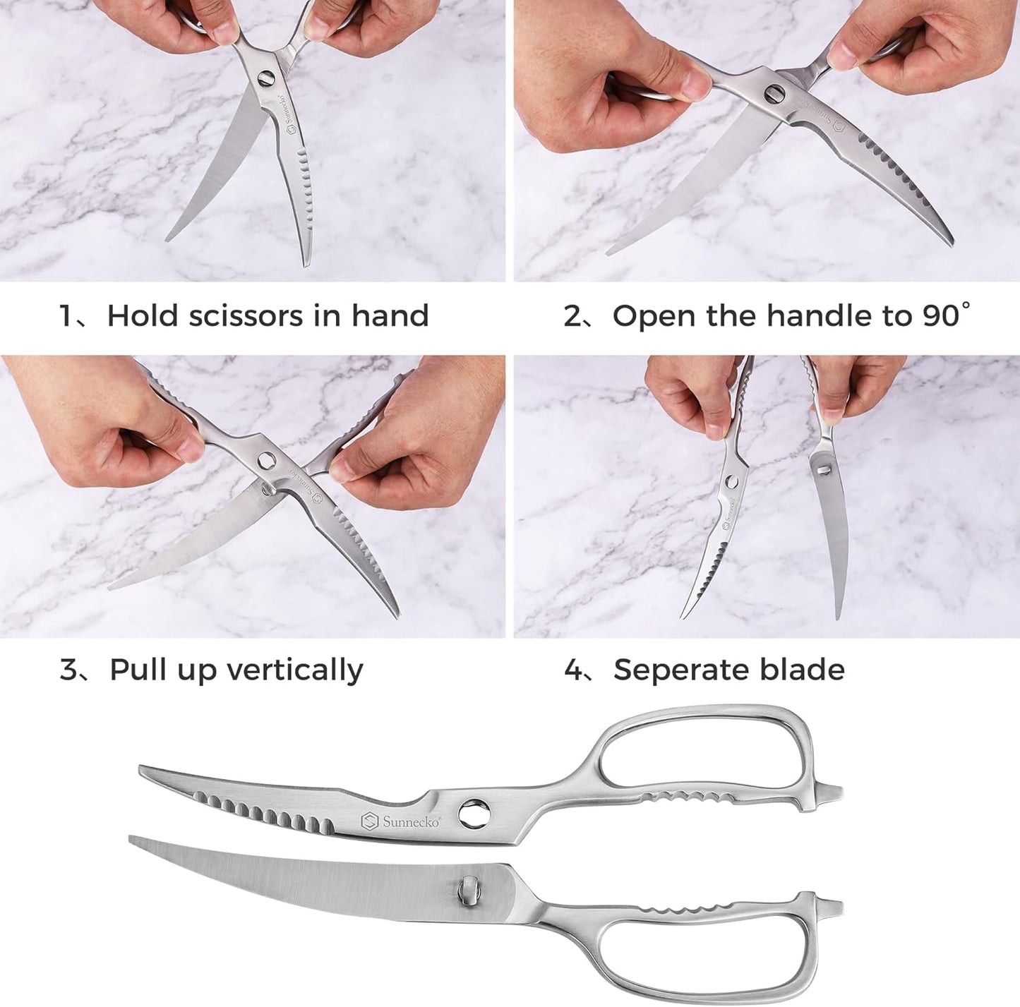 Sunnecko Kitchen Scissors for Food, Heavy Duty Scissors All Purpose Kitchen Shears That Come Apart, 9 Inch Fully Forged Stainless Steel with Curved Blades