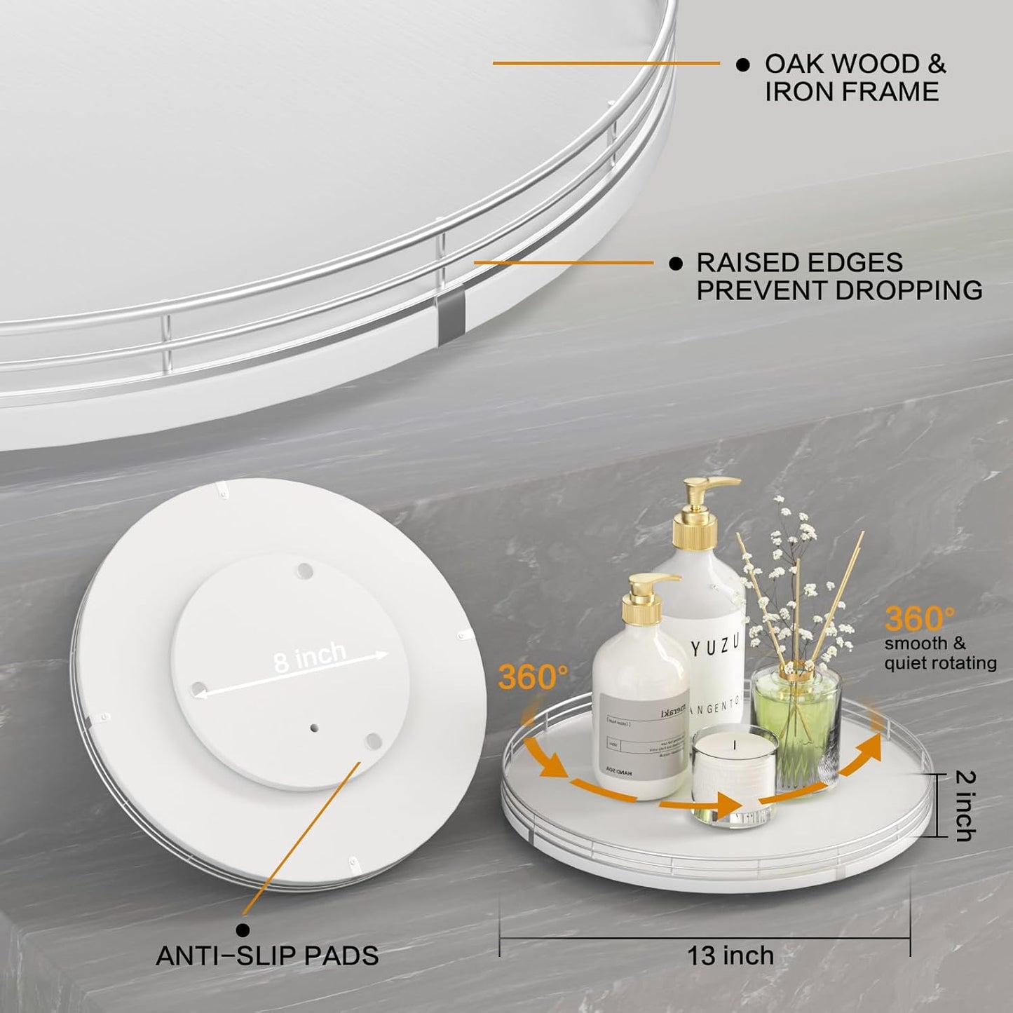 13" Oak Wood Bathroom Tray for Counter, Vanity Tray for Perfume Lotion Candle Makeup Jewelry Sink Soap Holder Turntable Dresser Organizer Countertop Coffee Table Decor Organization and Storage Silver