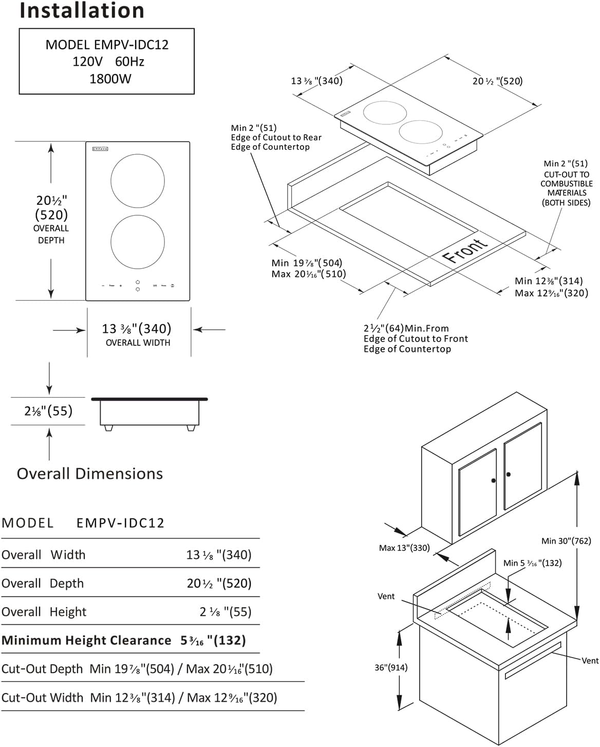 Empava Electric Stove Induction Cooktop Vertical with 2 Burners Vitro Ceramic Smooth Surface Glass in Black 120V, 12 Inch