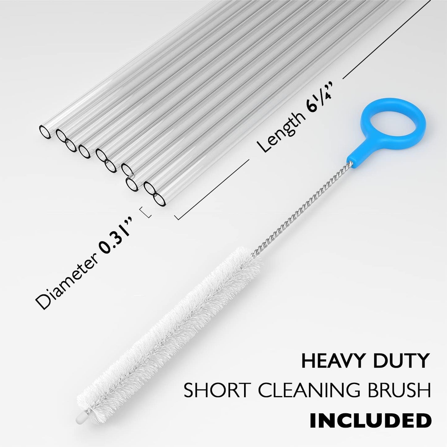 10 Short Clear Straws - Hard Clear Plastic Reusable Drinking Straws + Sturdy Cleaning Brush - for Cocktails, Small Cups, Kids Drinks - Dishwasher Safe BPA Free