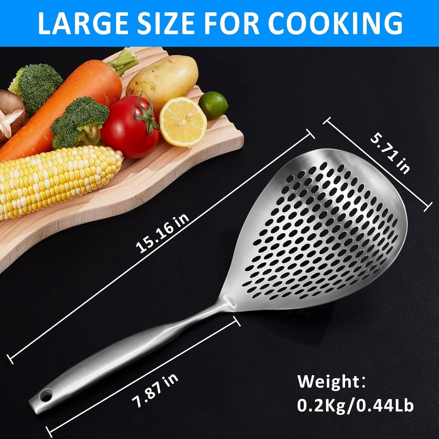 Large Skimmer Slotted Spoon, 304 Stainless Steel Pasta Strainer Colander Spoon, Spider Ladle with Big Draining Holes, Deep Fryer Scoop for Frying, Cooking, Draining, Ideal for Gift, 15''