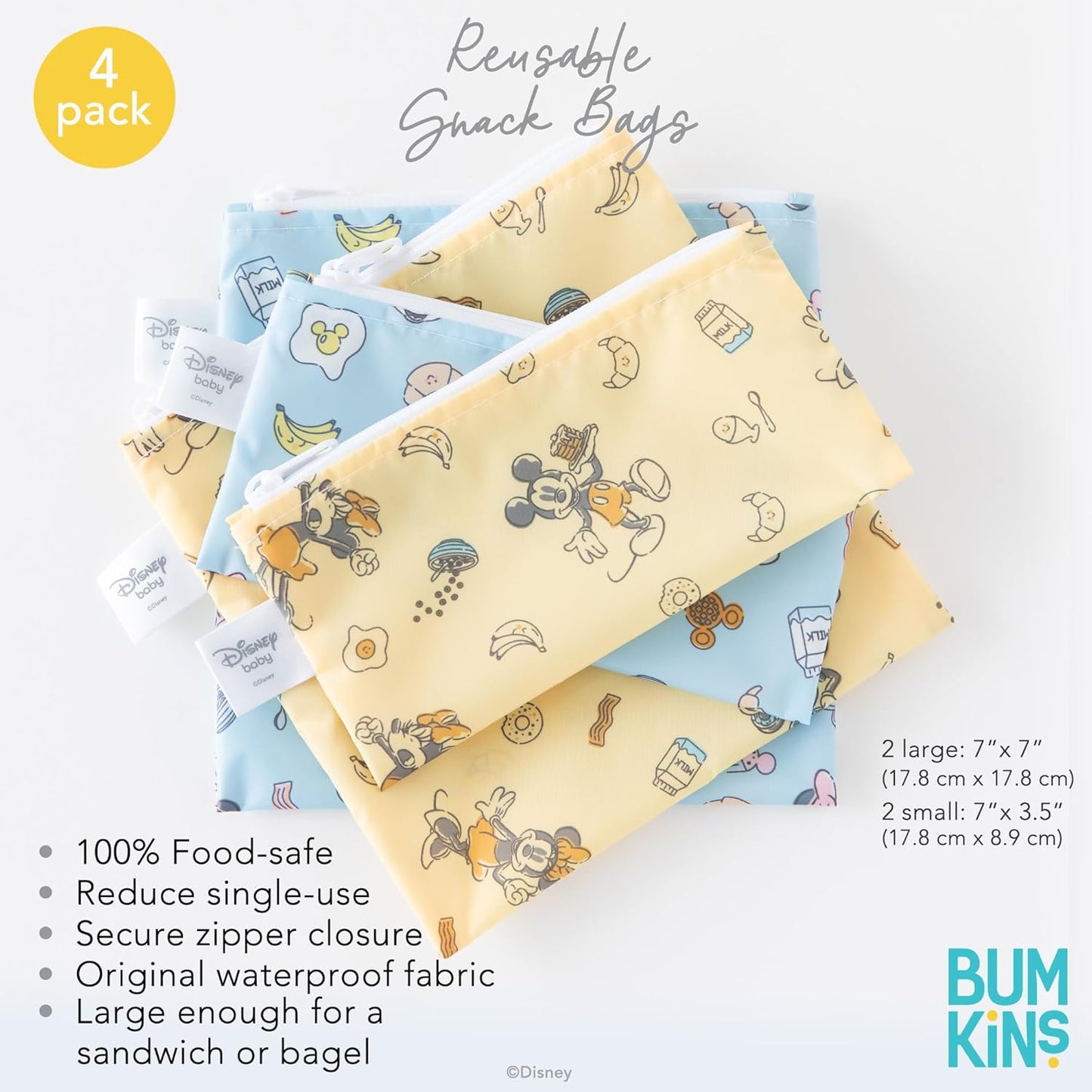 Bumkins Disney Reusable Sandwich and Snack Bags, for Kids School Lunch and for Adults Portion, Washable Fabric, Waterproof Cloth Zip Bag, Travel Pouch, Food-Safe Storage, 4-pack Set Mickey and Minnie