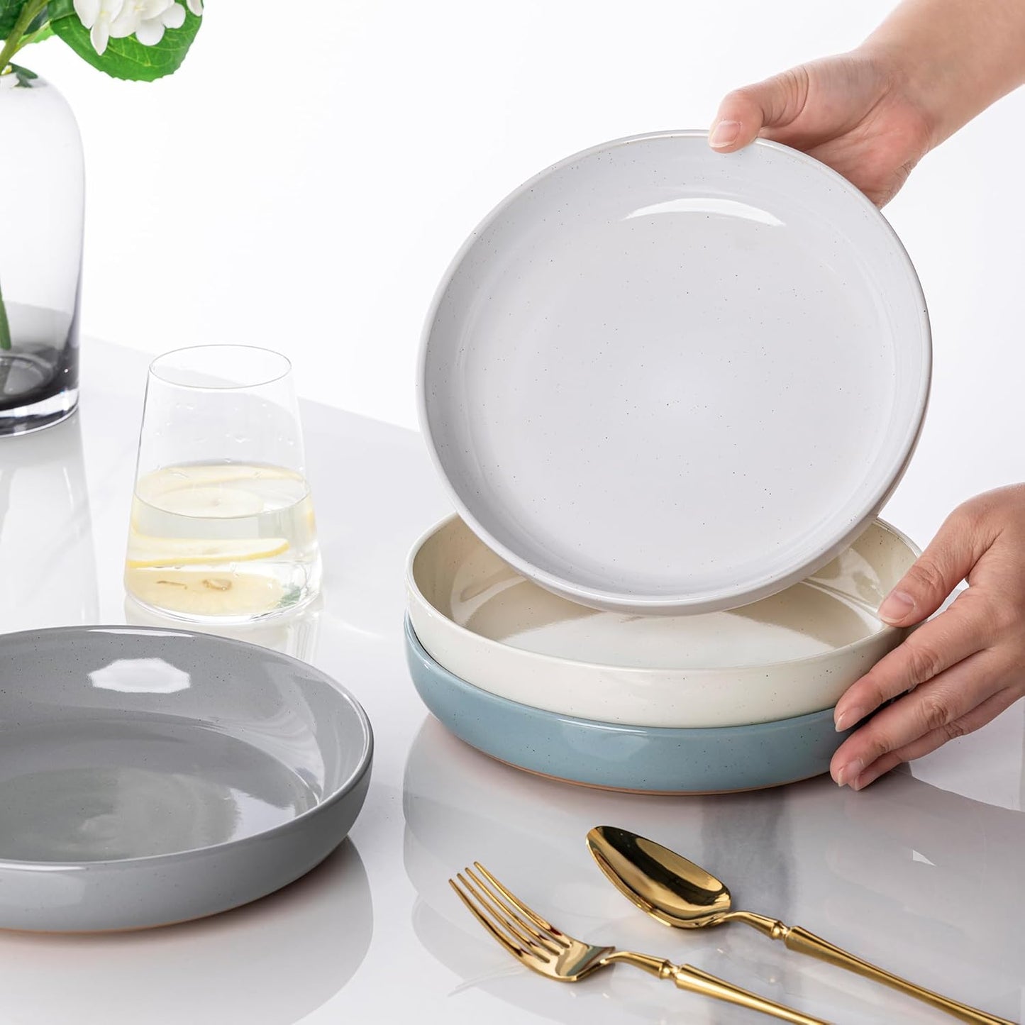 AmorArc 8.75'' Large Ceramic Pasta Bowls, 36oz Handpainted Stoneware Bowls Set of 4, Microwave&Dishwasher Safe Bowls with Rustic Terracotta Underside for Pasta Salad, Multi-Color